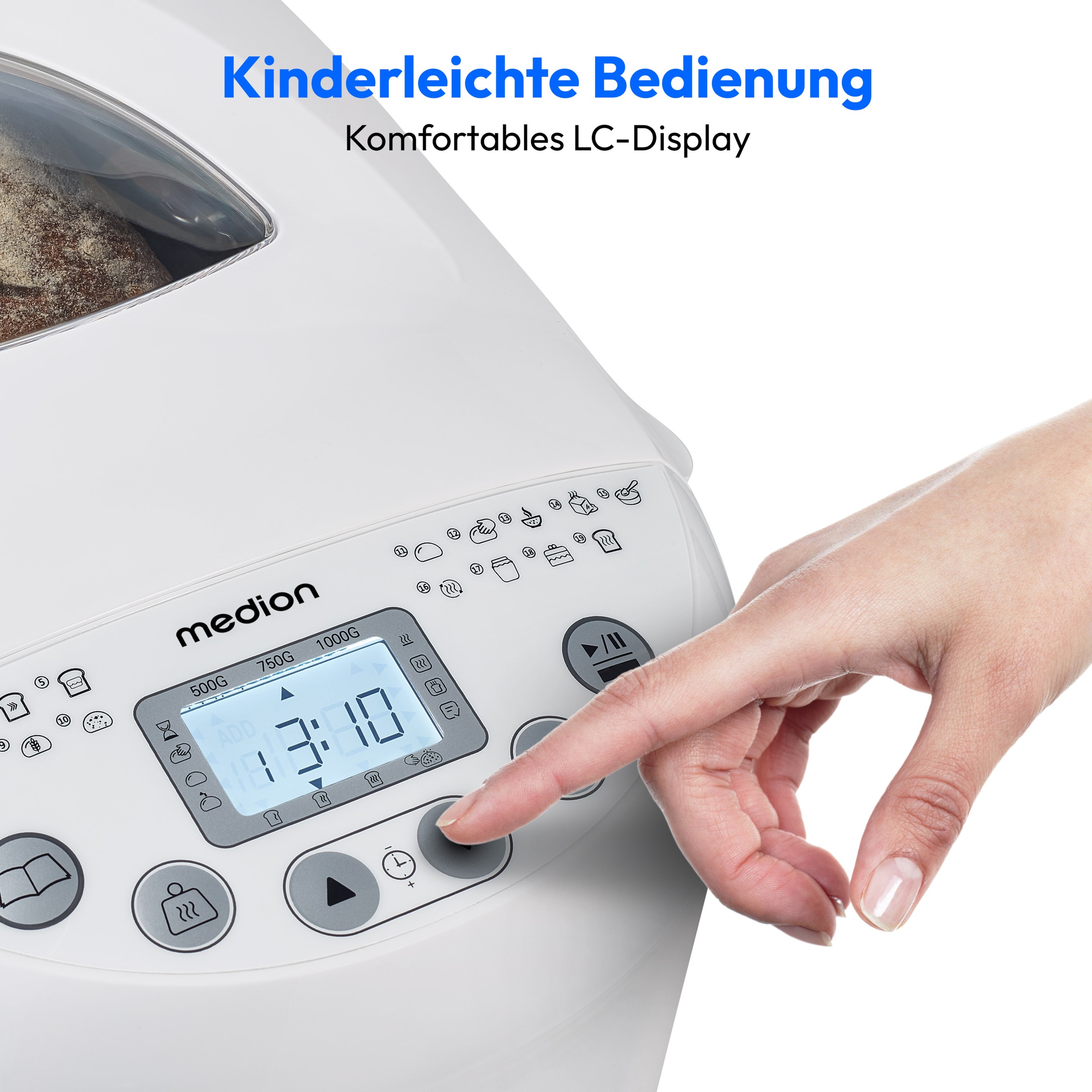 Medion® Brotbackautomat »MD 11011, 19 Backprogramme, 3 Bräunungssufen, Startzeitvorwahl«, 19 Programme, Bis zu 1000g Fassungsvermögen, Warmhaltefunktion