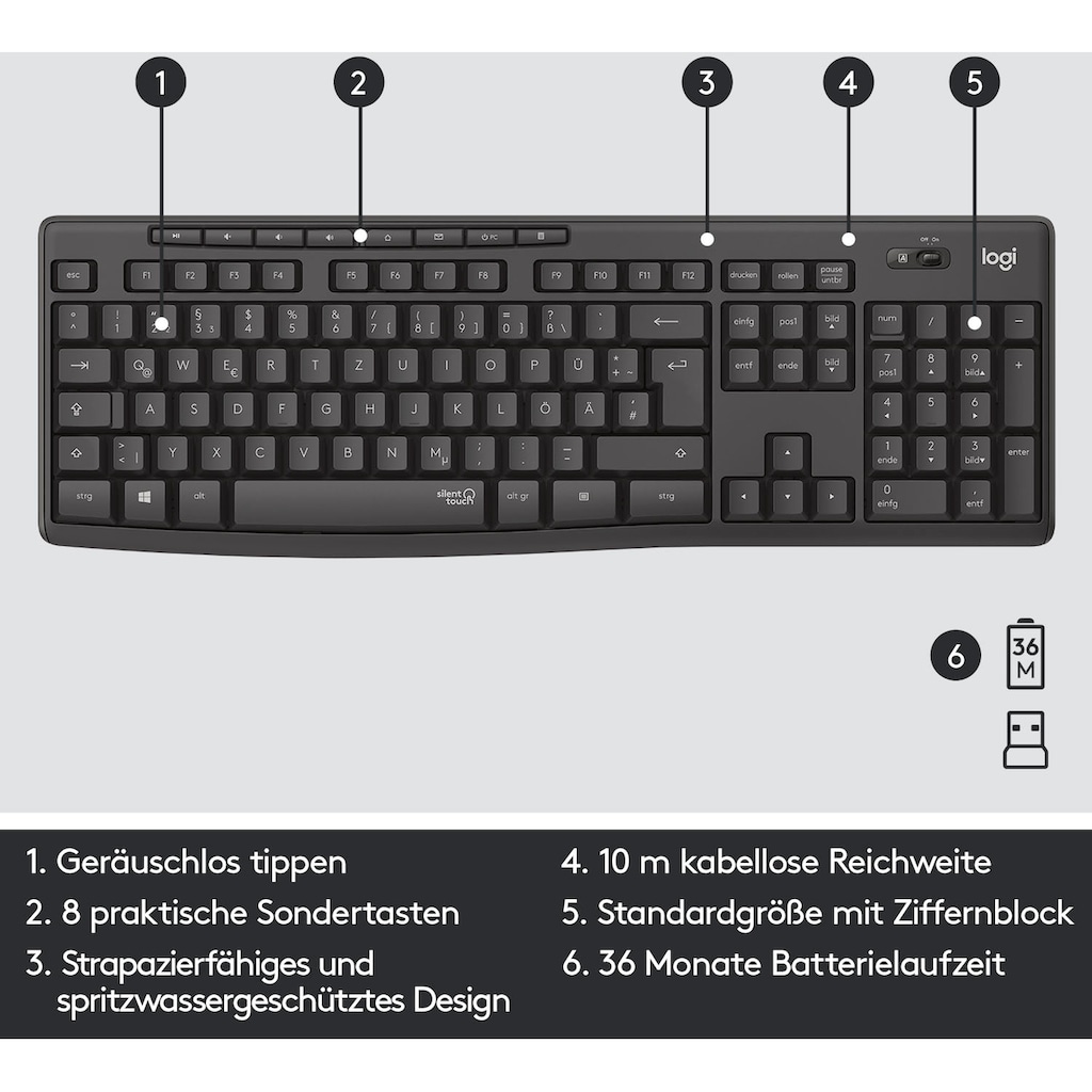 Logitech Tastatur- und Maus-Set »MK295 Silent Wireless Combo«