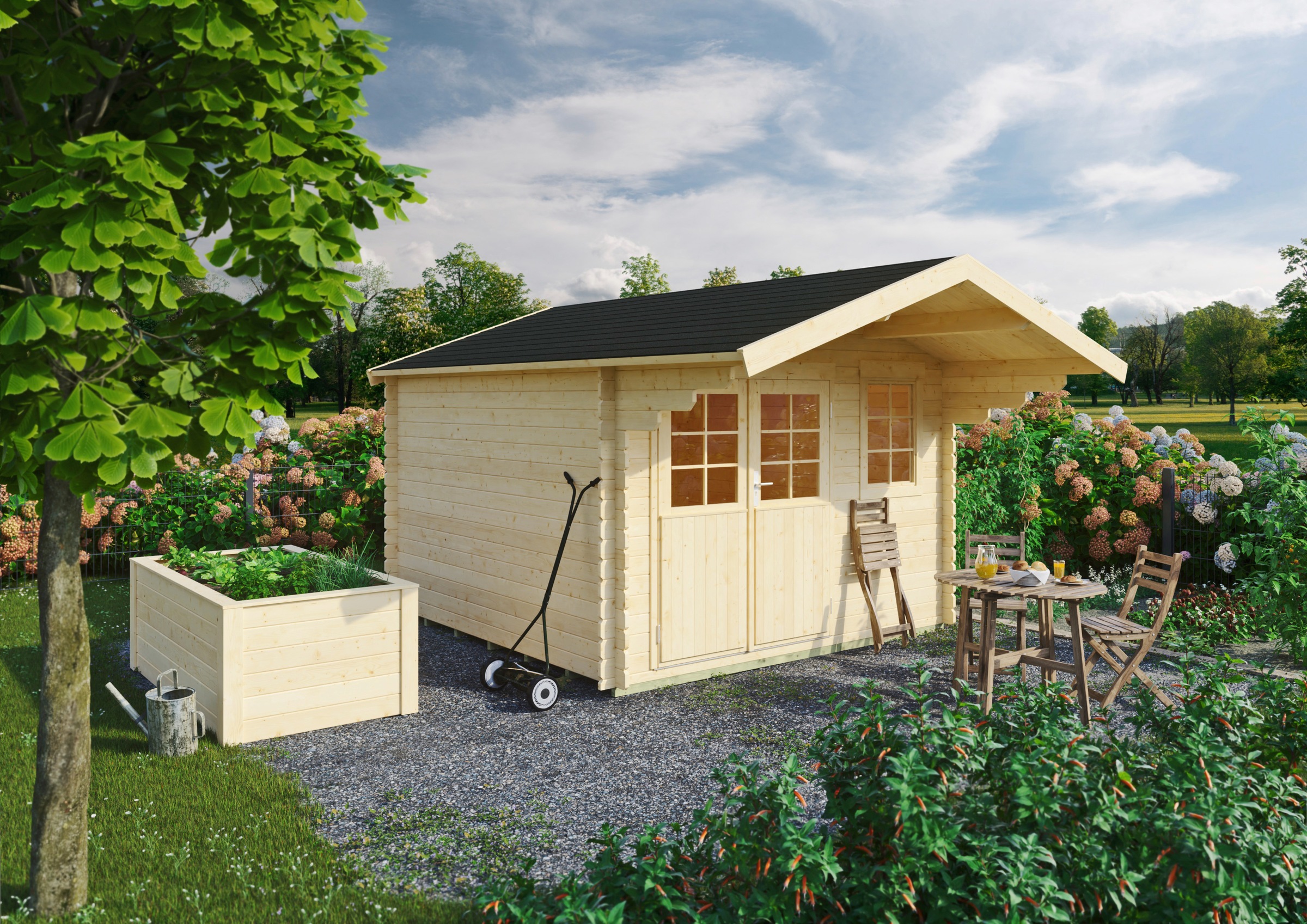 KONIFERA Gartenhaus »Kallenberg 2«, (Set), Blockbohlenhaus inkl. Hochbeet (100x200x70 cm)