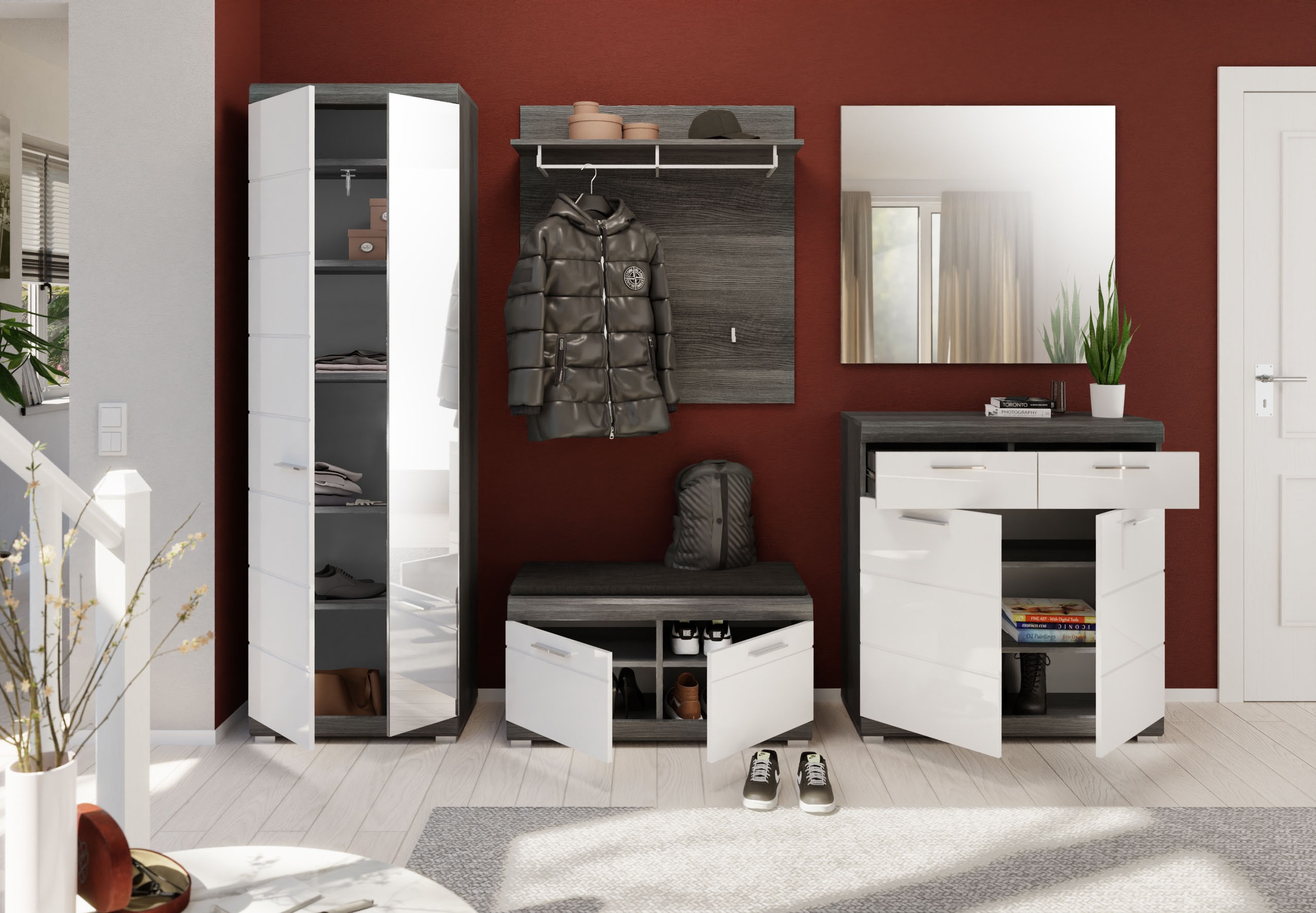 INOSIGN Garderobenschrank »Siena, Höhe 197cm, 2 Türen, 4 Einlegeböden, ausziehbare Kleiderstange«, (1 St.), Scout, Garderobenschrank Höhe 197 cm, 1 Spiegeltür, 6 Fächer