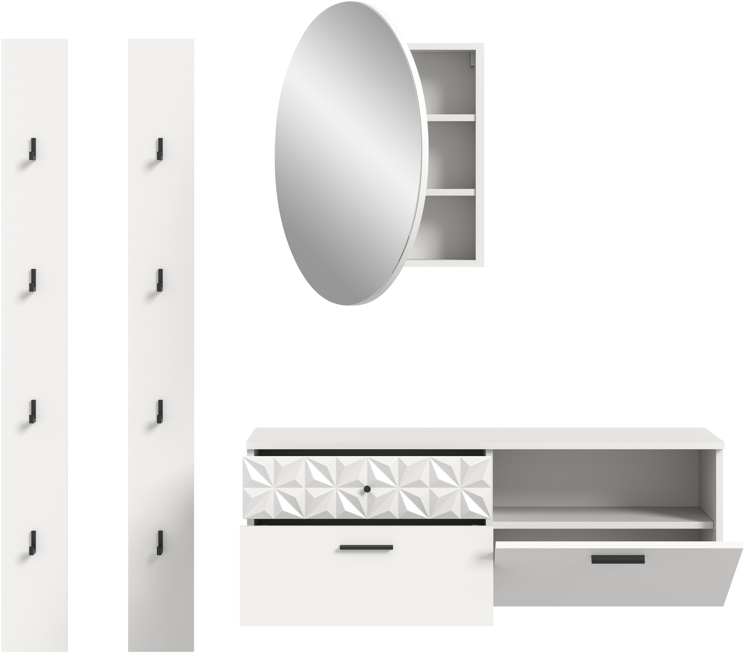 INOSIGN Garderoben-Set »VICENZA, 4-tlg., mit foraler Ornamentabsetzung in der Front«, (4 St.), best. aus.: Schuhschrank, Spiegelschrank und 2x Hakenpaneel