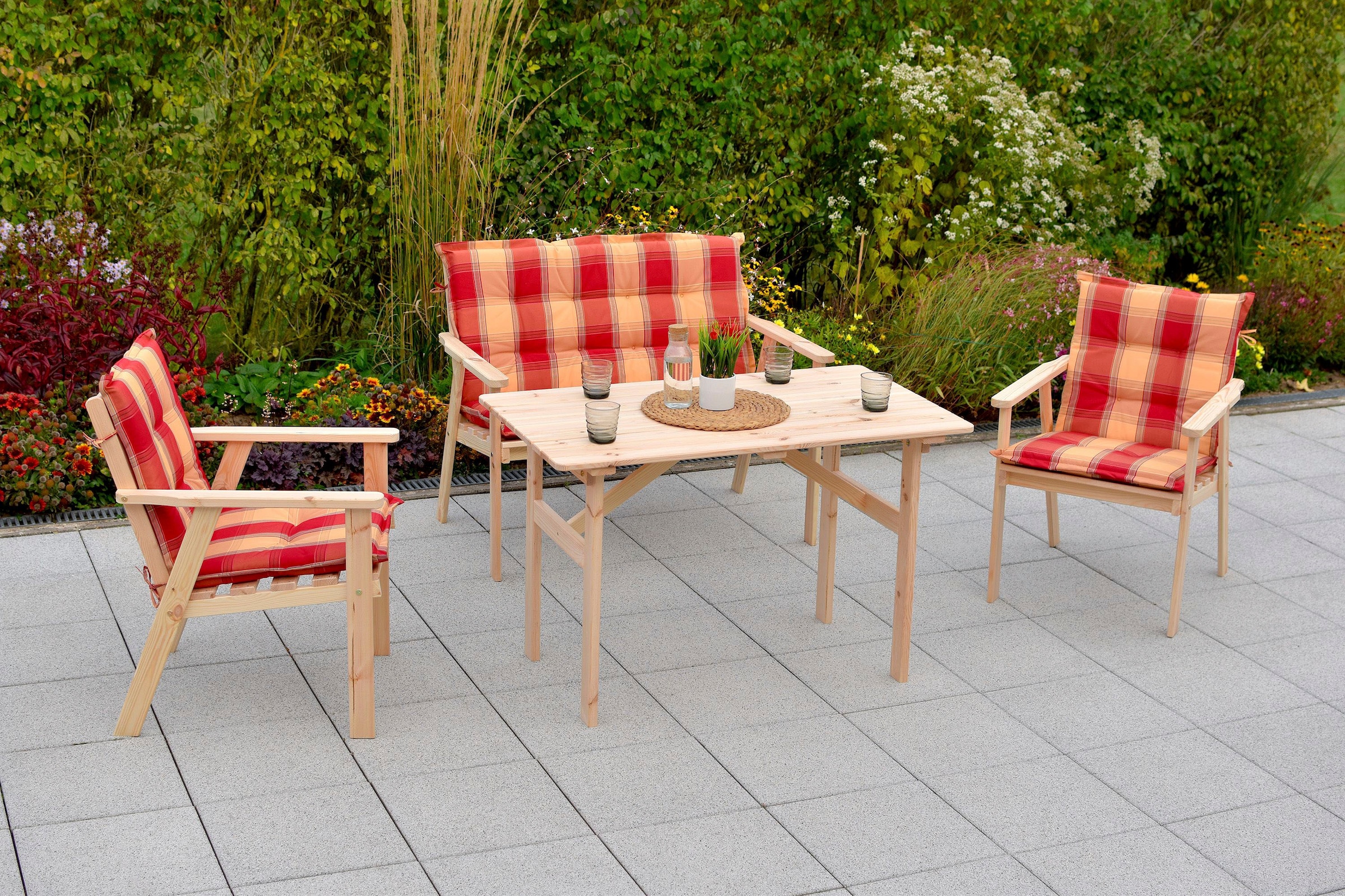 MERXX Garten-Essgruppe »Sylt«, (7 tlg., 2x Sessel, 1x Bank, 1x Tisch, inkl. Auflagen), Kiefernholz