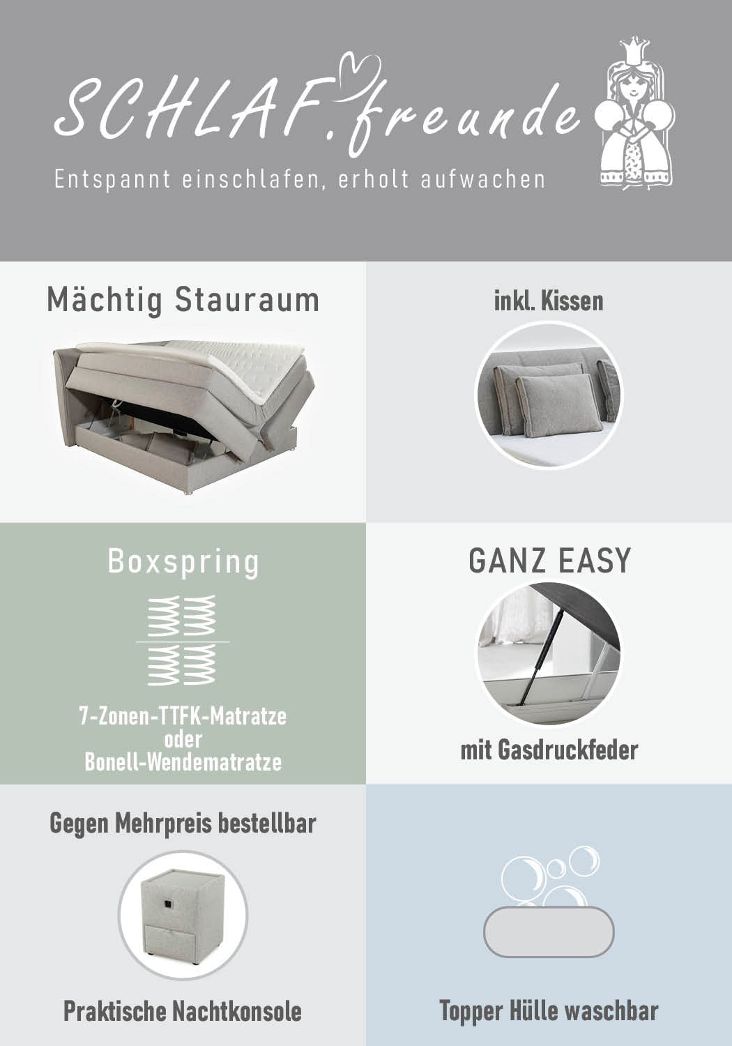 Jockenhöfer Gruppe Boxspringbett »"Carla", OTTOs Choice! Topseller, wahlweise mit oder ohne Bettkasten« inkl. 4 Kissen, erhältlich in den Breiten 160 & 180cm