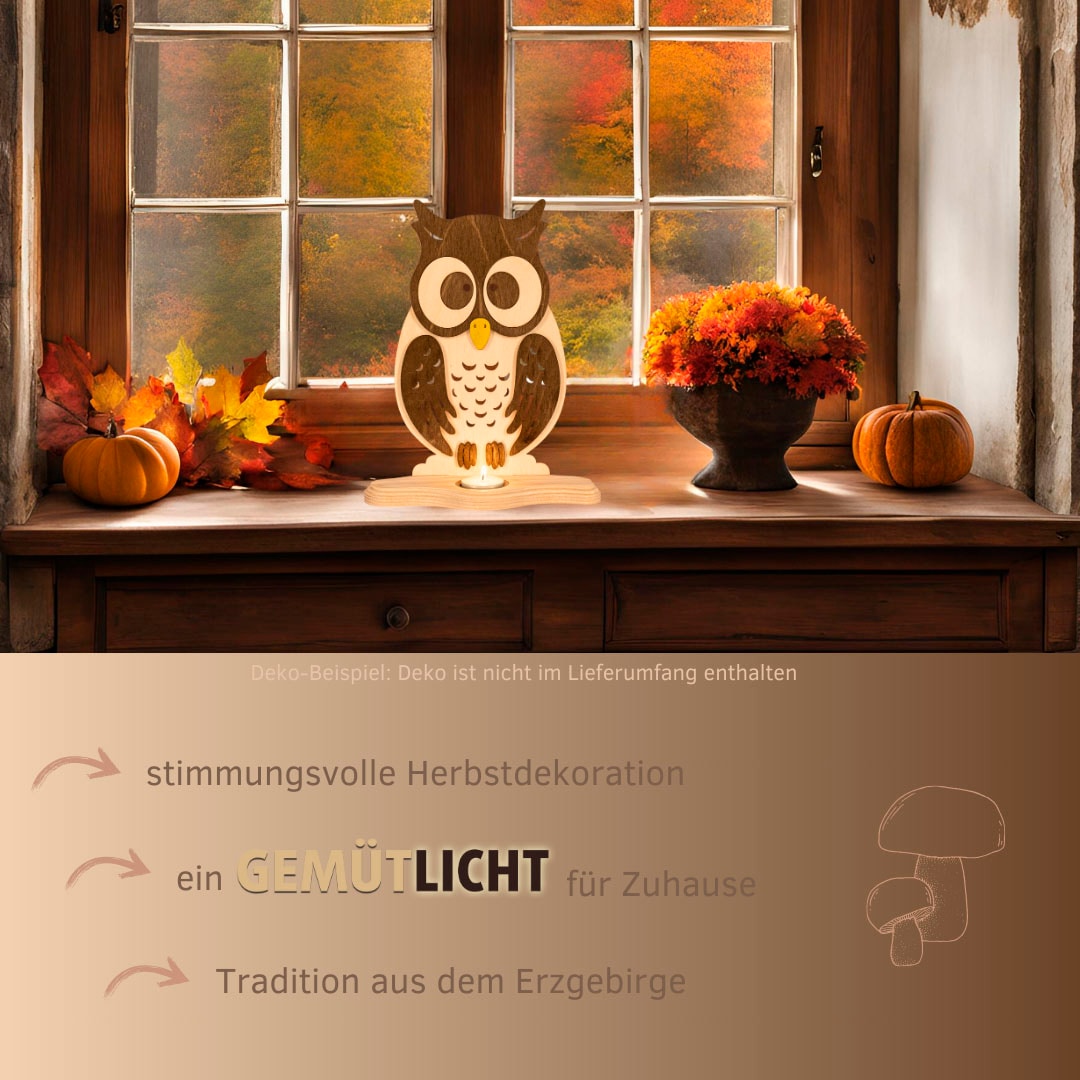 Weigla Teelichthalter »Eule aus Holz, für 1 Teelicht, NATUR-BRAUN«, Erzgebirge garantiert, Herbstdeko Innen, Tischschmuck Herbst