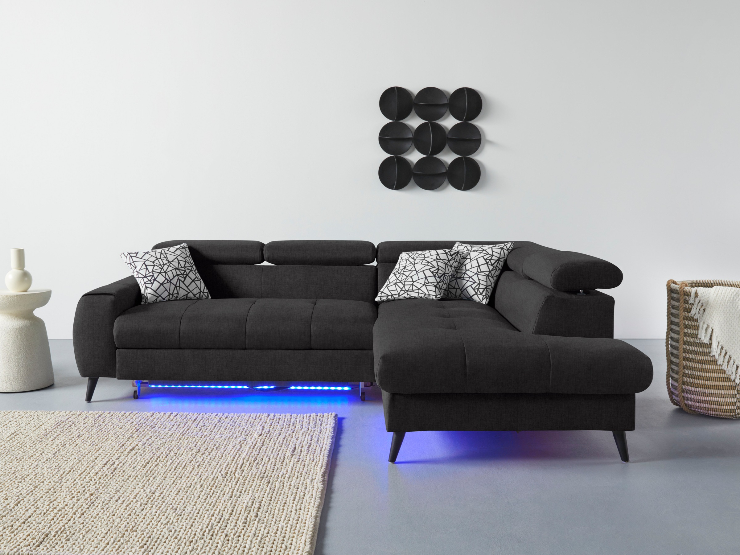 COTTA Ecksofa »Mia L-Form mit 3 Zierkissen«, wahlweise mit Bettfunktion, Bettkasten, Beleuchtung & Wireless-Charger