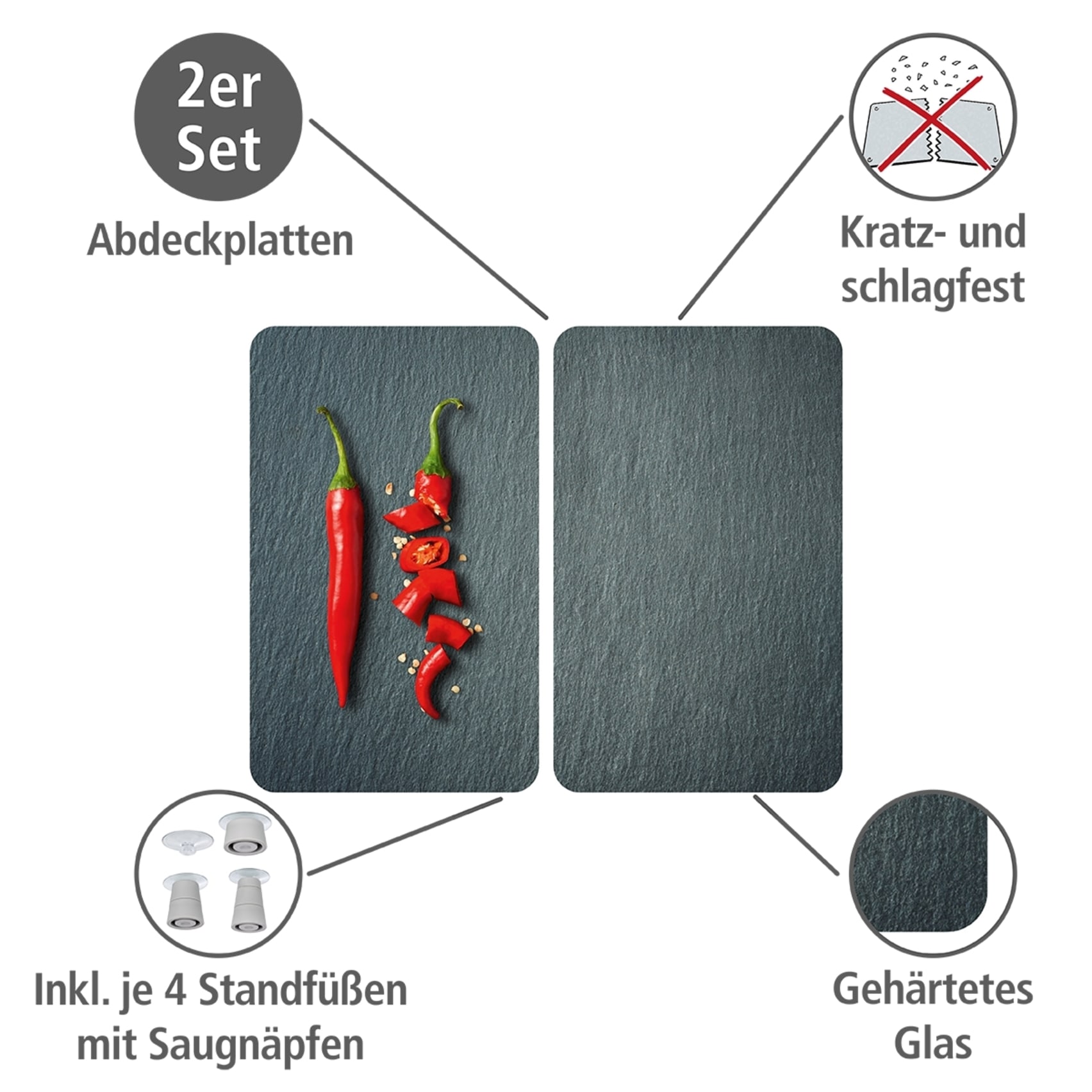 WENKO Herd-Abdeckplatte »Universal Modell Cayenne«, (Set, 2 tlg.), Herdabdeckung für alle Herdarten, kratzfest, mit rutschfesten Füßen