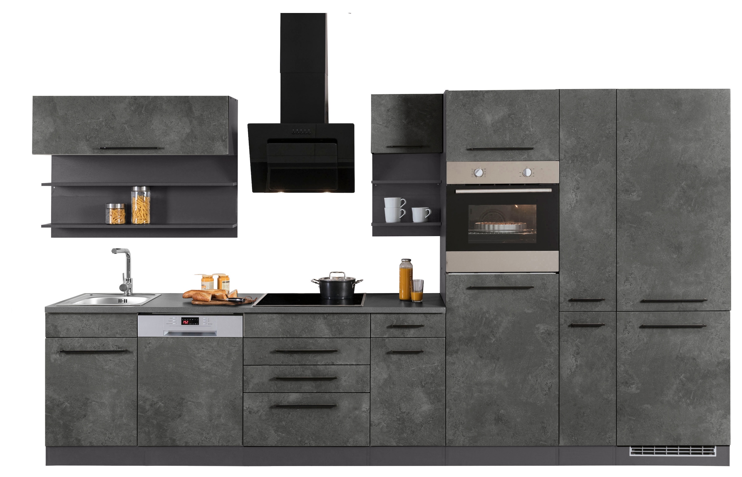 KOCHSTATION Küchenzeile »KS-Tulsa«, ohne E-Geräte, Breite 360 cm, schwarze Metallgriffe, MDF Fronten