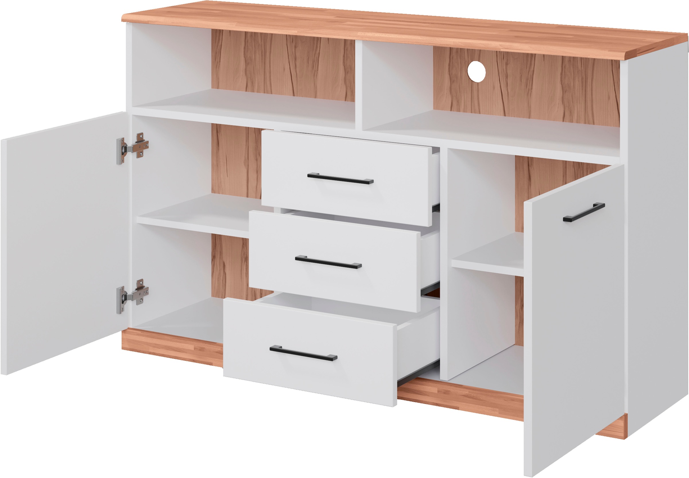 Home affaire Sideboard »Ribe,130cm breit,80cm hoch,Oberplatte Holz massiv,6 Fächer«, Oberplatte Kernbuche massiv,schwarze Metall Griffe