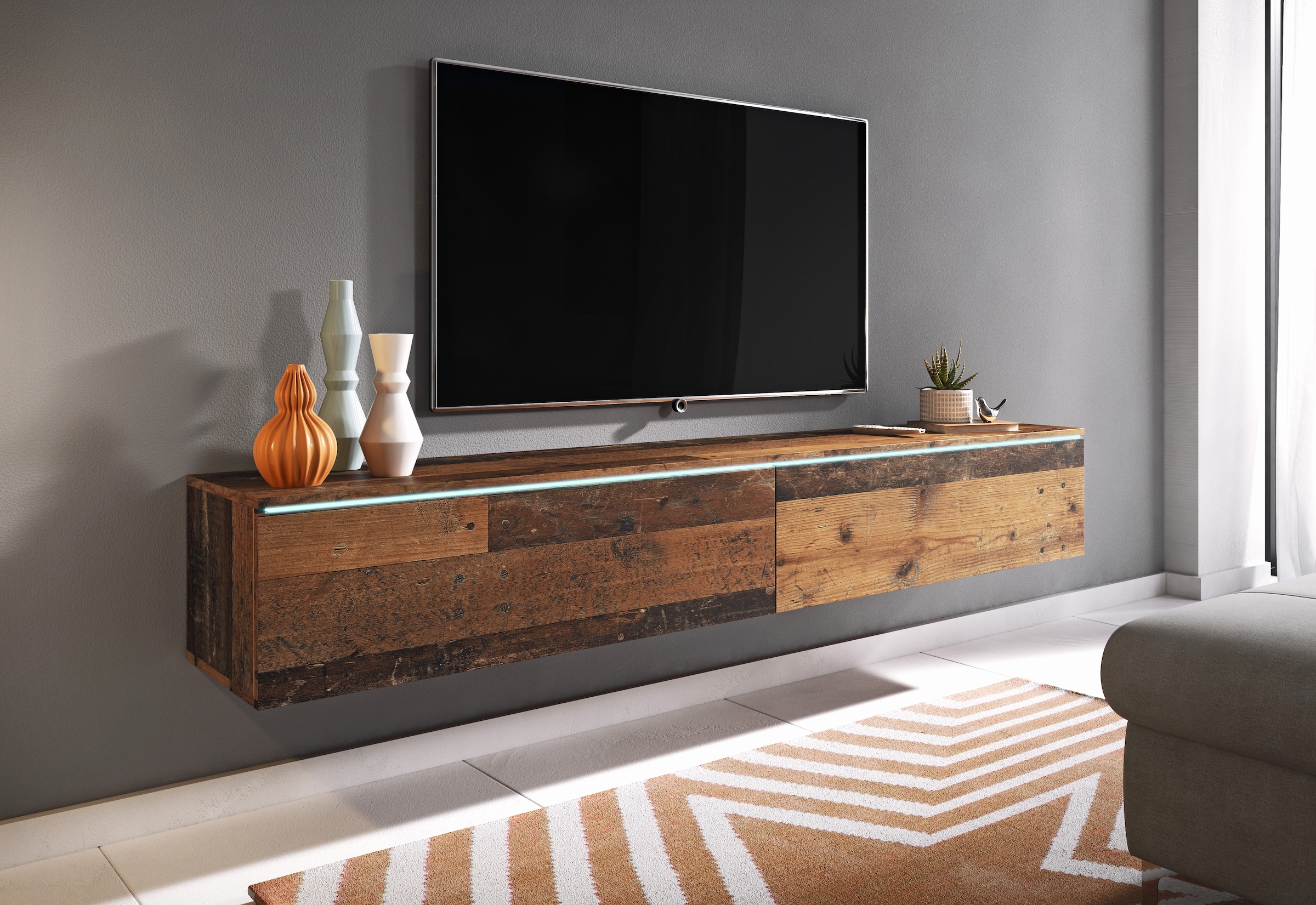 INOSIGN Lowboard »LOWBOARD VERA, wahlweise mit oder ohne Beleuchtung«, Modernes griffloses TV-Board, 180 cm TV-Schrank, stehend und hängend