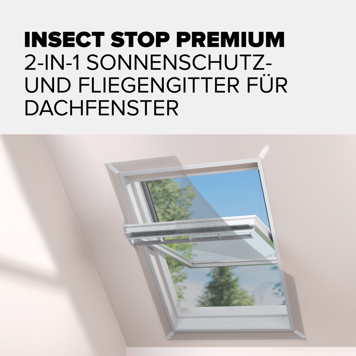 tesa Fliegengitter-Gewebe »2-in-1 Sonnenschutz- und Fliegengitter für Dachfenster Premium« Packung, Fliegennetz, Klettband, Andrück und Schneidehilfe, 1 Stk. tlg. inkl. selbstklebendes Klettband