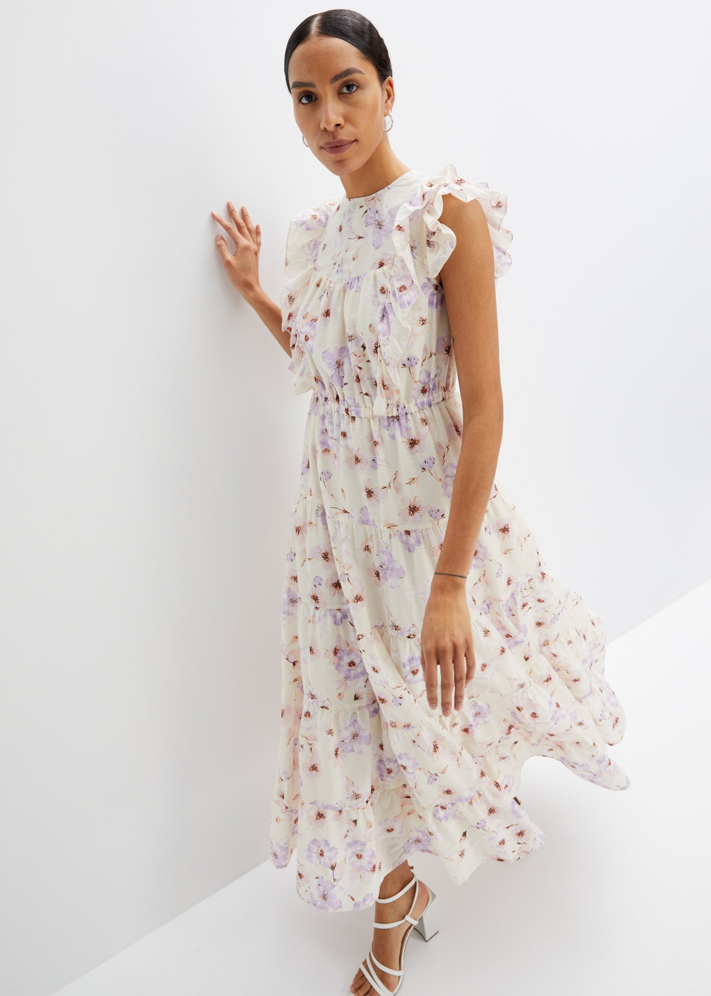 bonprix Maxikleid aus reiner Baumwolle, ausgestellte Passform, ärmellos, mit Volants