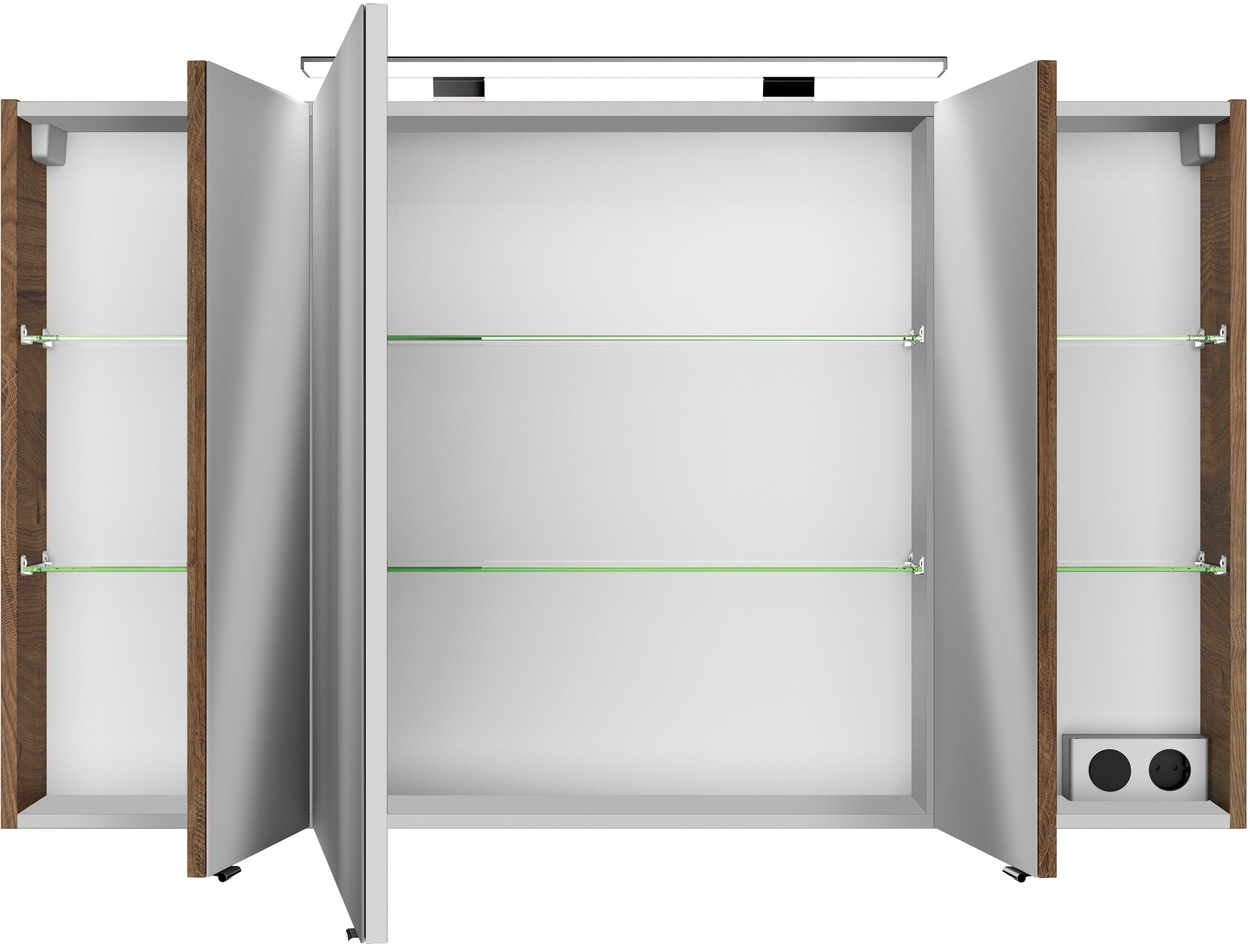 Saphir Badezimmerspiegelschrank »Serie 4010 Badezimmer-Spiegelschrank inkl. LED-Aufsatzleuchte«, Badschrank 120 cm breit, 3 Türen, 6 Glas-Einlegeböden, inkl Türdämpfer