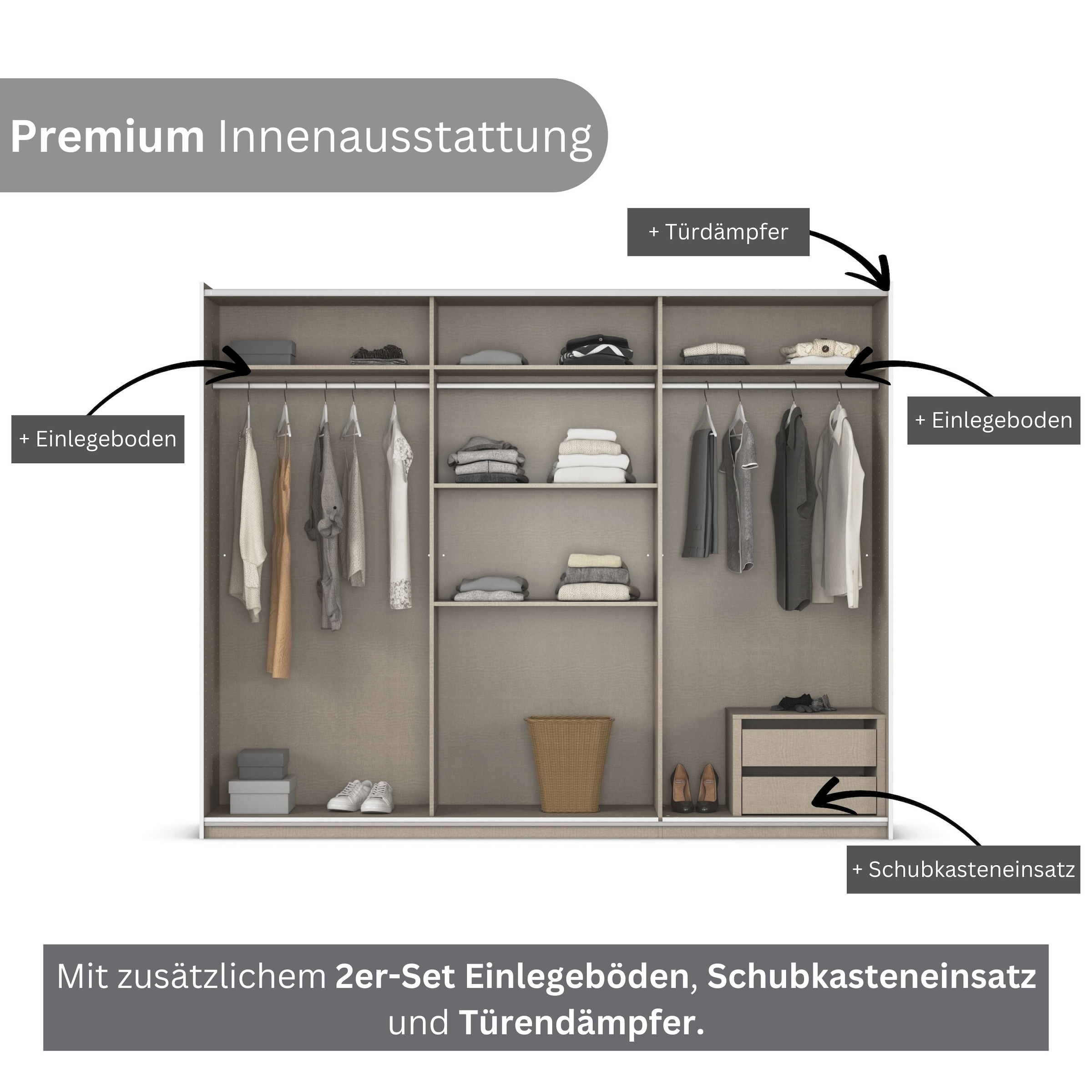 rauch Schwebetürenschrank »Kleiderschrank Schrank Garderobe Garderobenschrank Wäscheschrank NEO«, (in 3 verschiedenen Ausstattungen BASIC/CLASSIC/PREMIUM), mit großzügigem Stauraum und vielfältigen Farbkombinationen