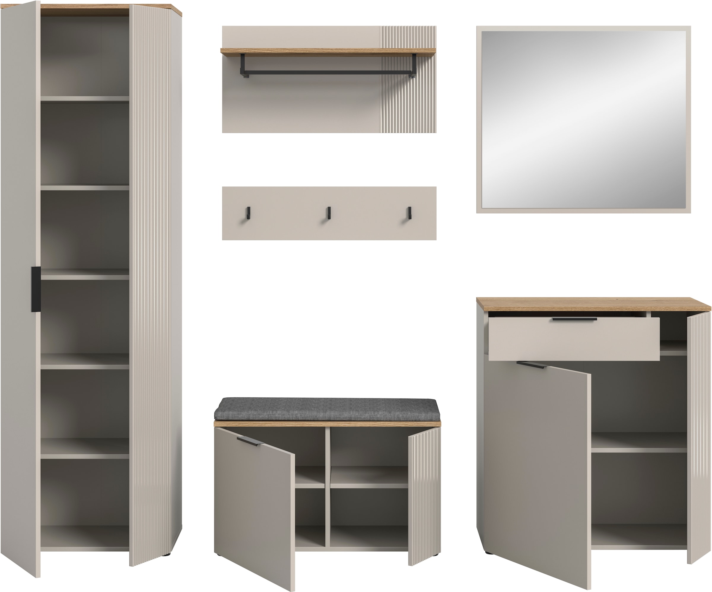 INOSIGN Garderoben-Set »EDIL, Breite 250 cm, 6-teilig, Front mit hochwertiger Längstfräsung« Set, Hochschrank, Sitzbank, Kissen, Paneel, Hakenleiste, Kommode & Spiegel, 6 Stk. tlg.