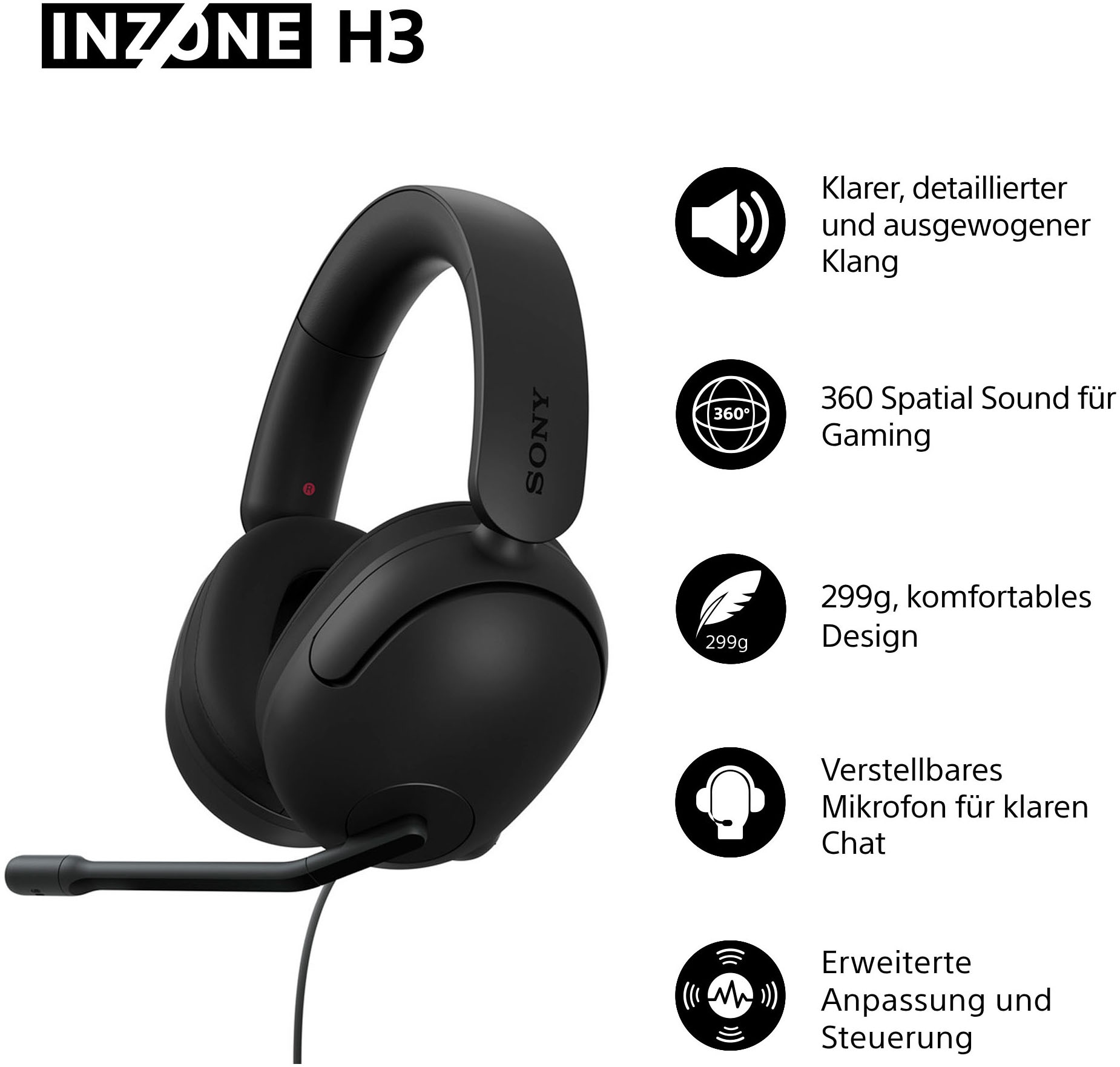 Sony Gaming-Headset »INZONE H3« Geräuschisolierung Gaming-PC, PC-Gaming-Headset, Kopfhörer, Headsets mit Mikrofon
