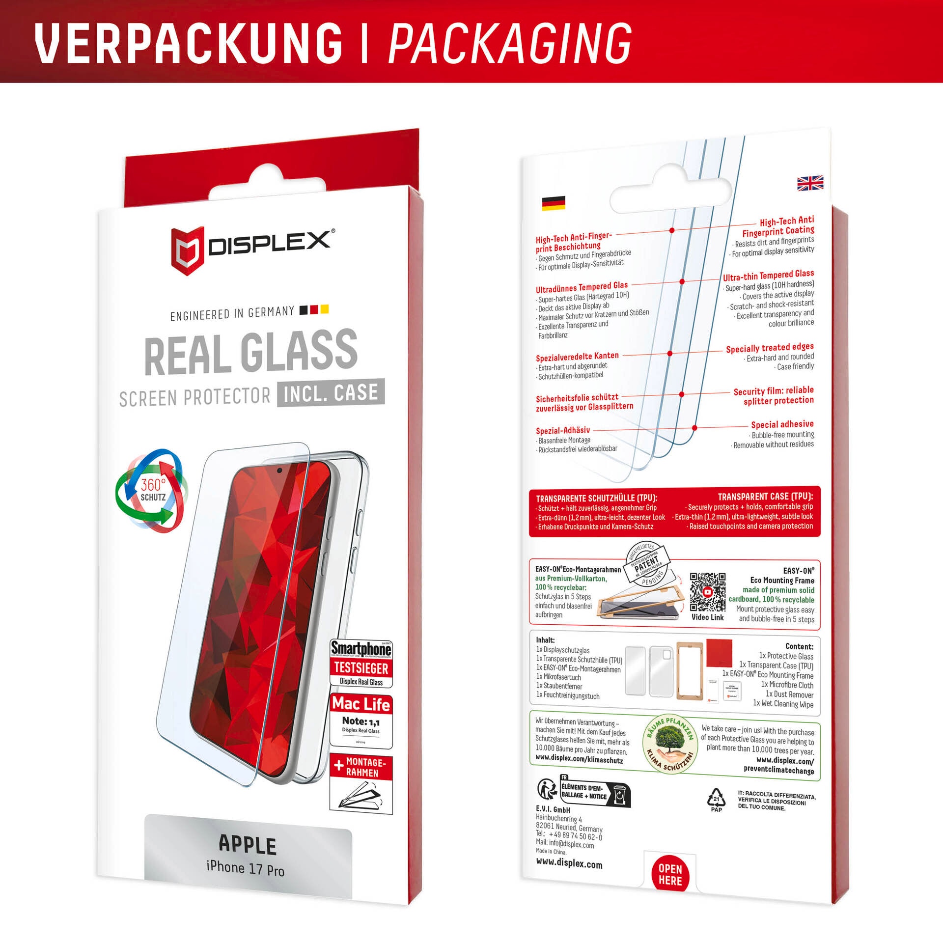 Displex Displayschutzglas »Real Glass Screen Protector inkl. Case« für Apple iPhone 17 Pro Displayschutzfolie, Schutzfolie, Bildschirmschutz, kratz- & stoßfest