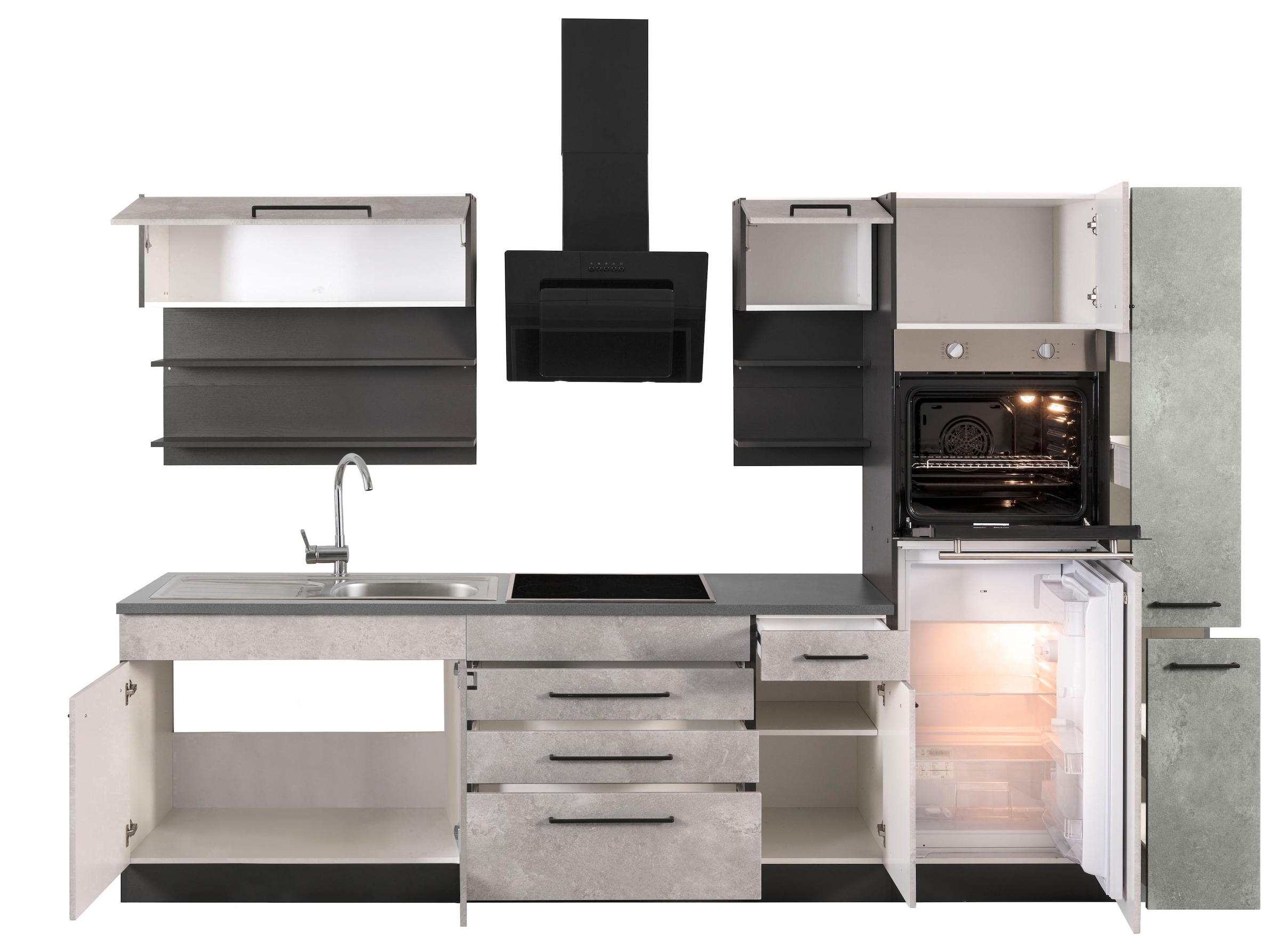 KOCHSTATION Küchenzeile »KS-Tulsa«, ohne E-Geräte, Breite 320 cm, schwarze Metallgriffe, MDF Fronten