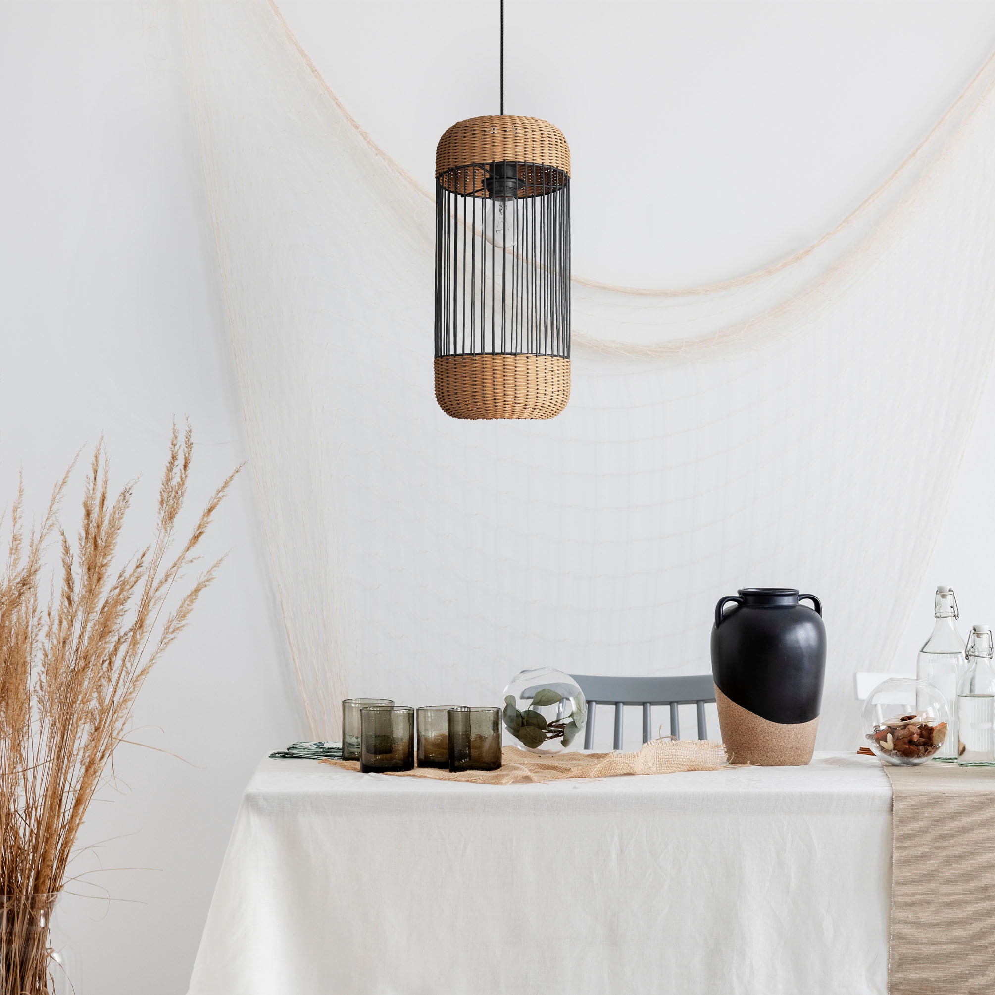 Paco Home Pendelleuchte »PUSTA«, Leuchtmittel E27 | ohne Leuchtmittel, Rattan Esszimmer Lampe Pendelleuchte Boho Zylinder Rustikal E27