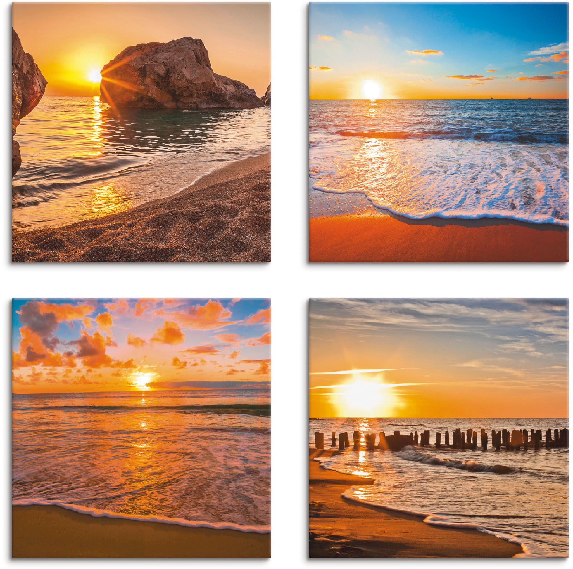 verschiedene & St.), Strand »Sonnenuntergänge Leinwandbild Sonnenaufgang Größen Meer«, auf (4 Artland Rechnung -untergang, Set, am 4er bestellen &