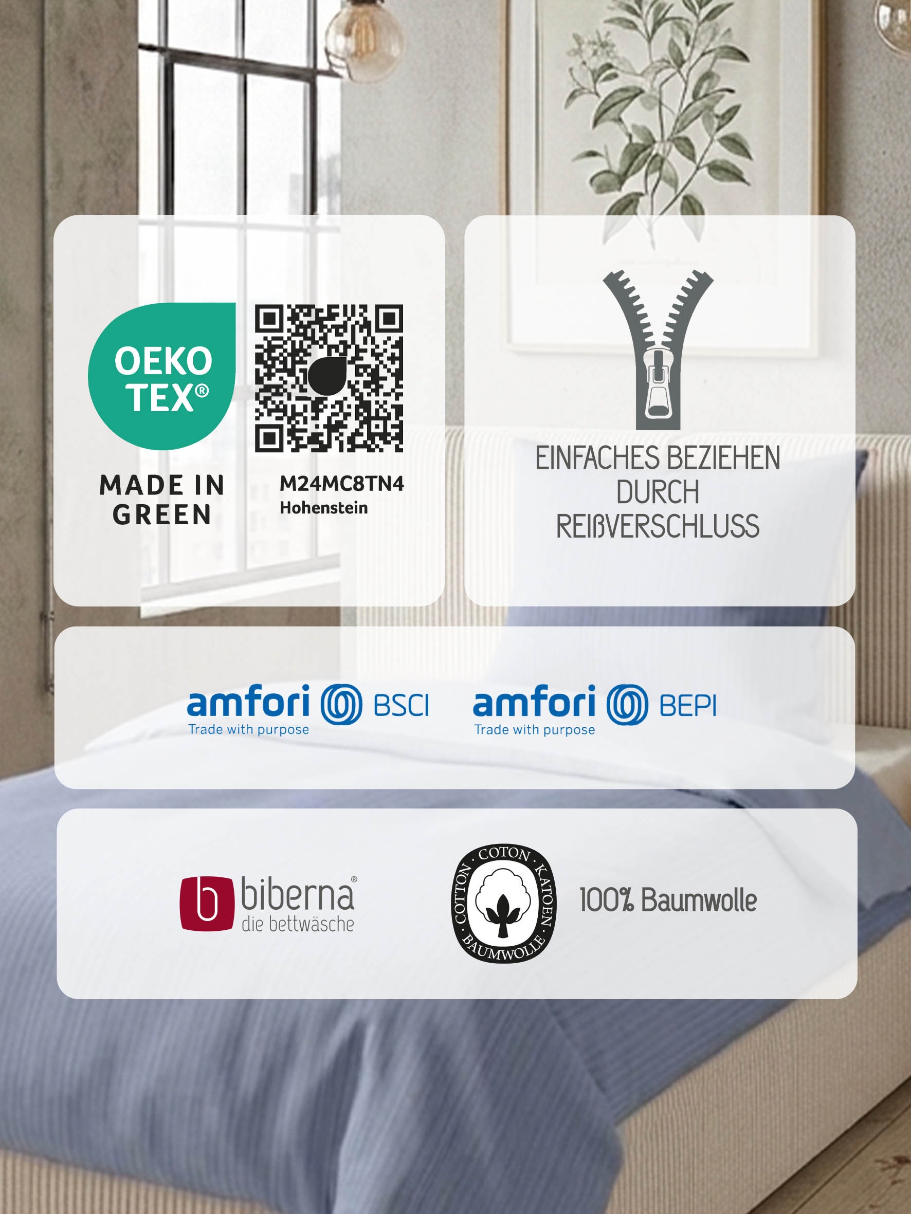 Biberna Wendebettwäsche »0615211 Premium Satin aus 100% Baumwolle mit Reißverschluß« 2 Stk. seidig glatt & atmungsaktiv, Reißverschluss, Feine Streifen