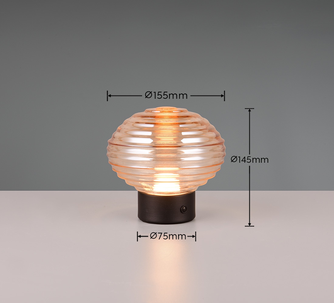 REALITY Leuchten LED Tischleuchte »EARL«, 1 flammig, Leuchtmittel LED-Board | LED fest integriert, kabellose Akku Tischlampe, Glasschirm, USB-C Ladekabel, Touchdimmer