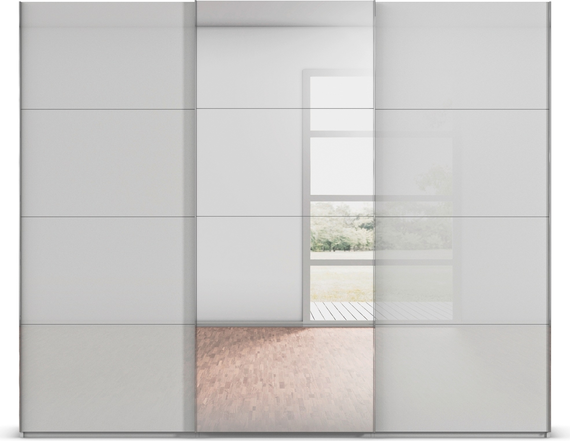rauch Schwebetürenschrank »Kleiderschrank Schrank Garderobe Schlafzimmerschrank SCALE-FYRA«, edle viergeteilte Türen Spiegel/Glas-Mix viele Farben MADE IN GERMANY