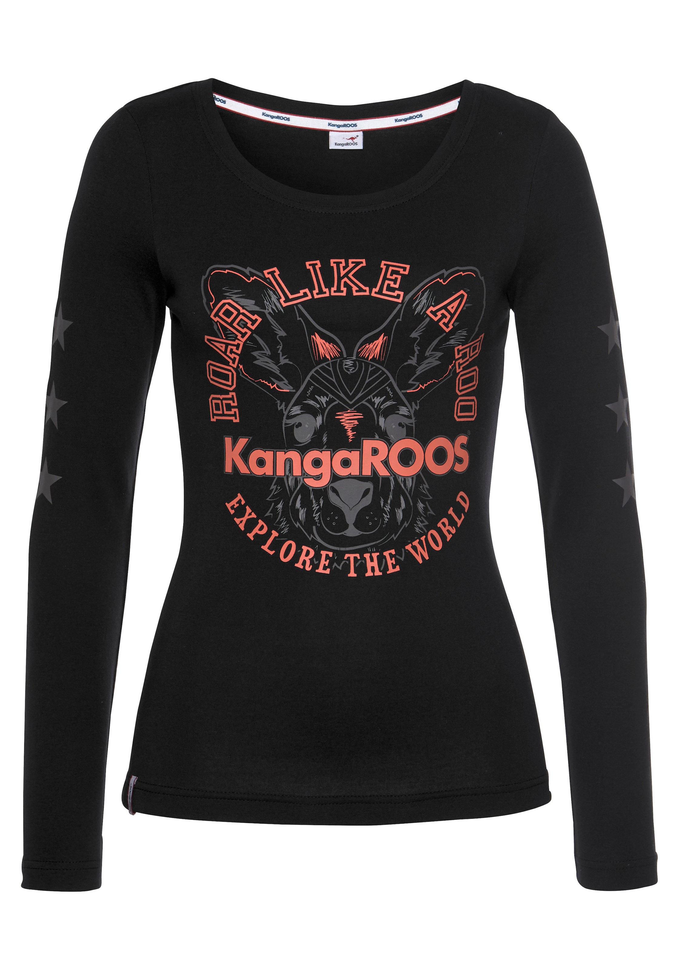 KangaROOS Langarmshirt Langarm,  unifarben mit Farbeinsatz und Logodruck