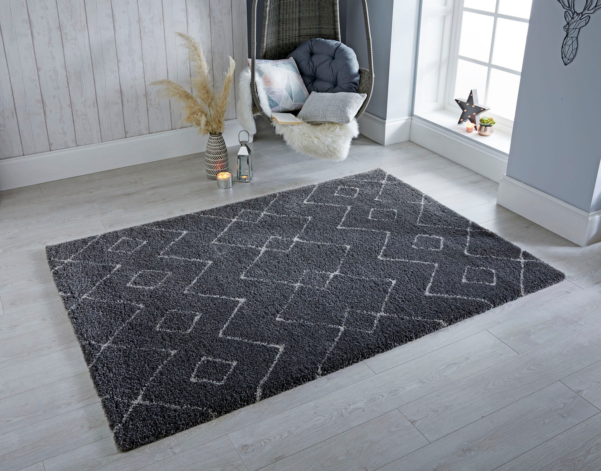 FLAIR RUGS Hochflor-Teppich »Imari«, rechteckig, 30 mm Höhe, Berber Optik, Boho, Rauten Muster