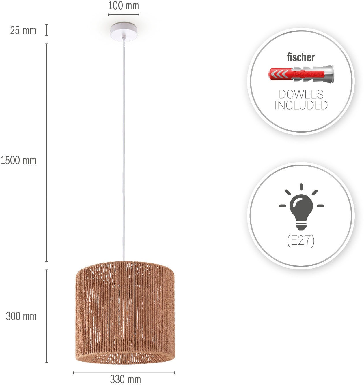 Paco Home Pendelleuchte »Hugo Ramira«, Leuchtmittel E27 | ohne Leuchtmittel, Wohnzimmer Esszimmer Rattan Optik Boho Schirm Papier E27 Modern