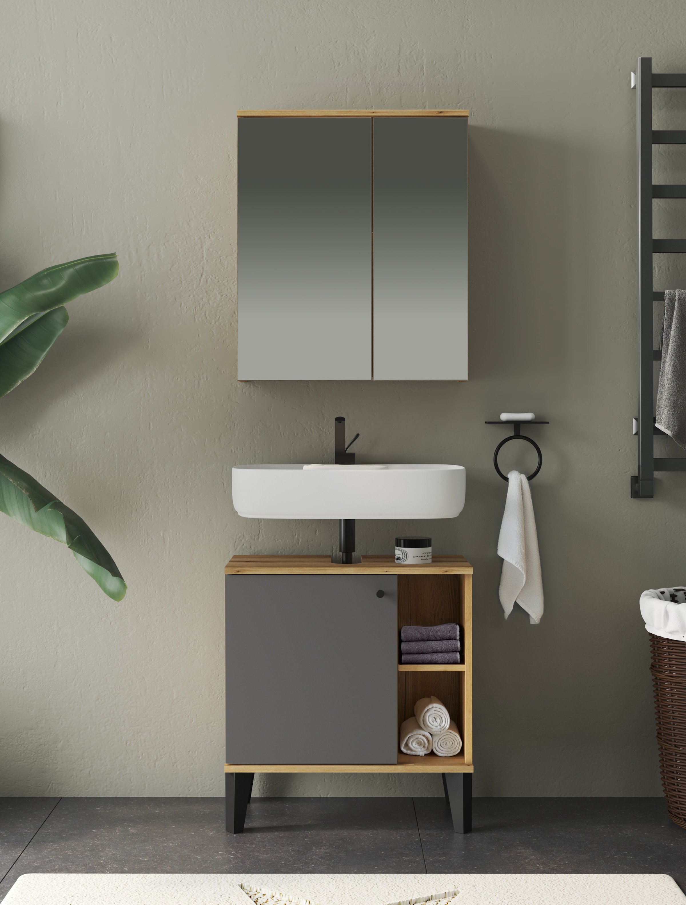 INOSIGN Waschbeckenunterschrank »Oslo, Waschtisch mit Knopfgriff, Badschrank im skandinavischen Design«, in der Türfarbe Weiß oder Grau verfügbar, ausreichend Stauraum