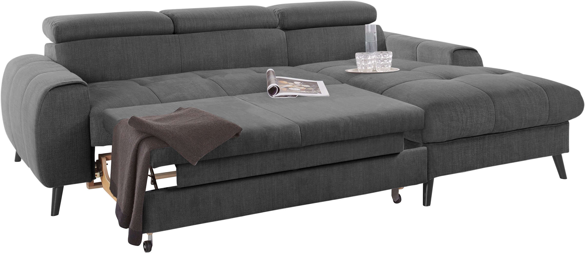 COTTA Ecksofa »Mia L-Form mit 3 Zierkissen«, wahlweise mit Bettfunktion, Bettkasten, Beleuchtung & Wireless-Charger