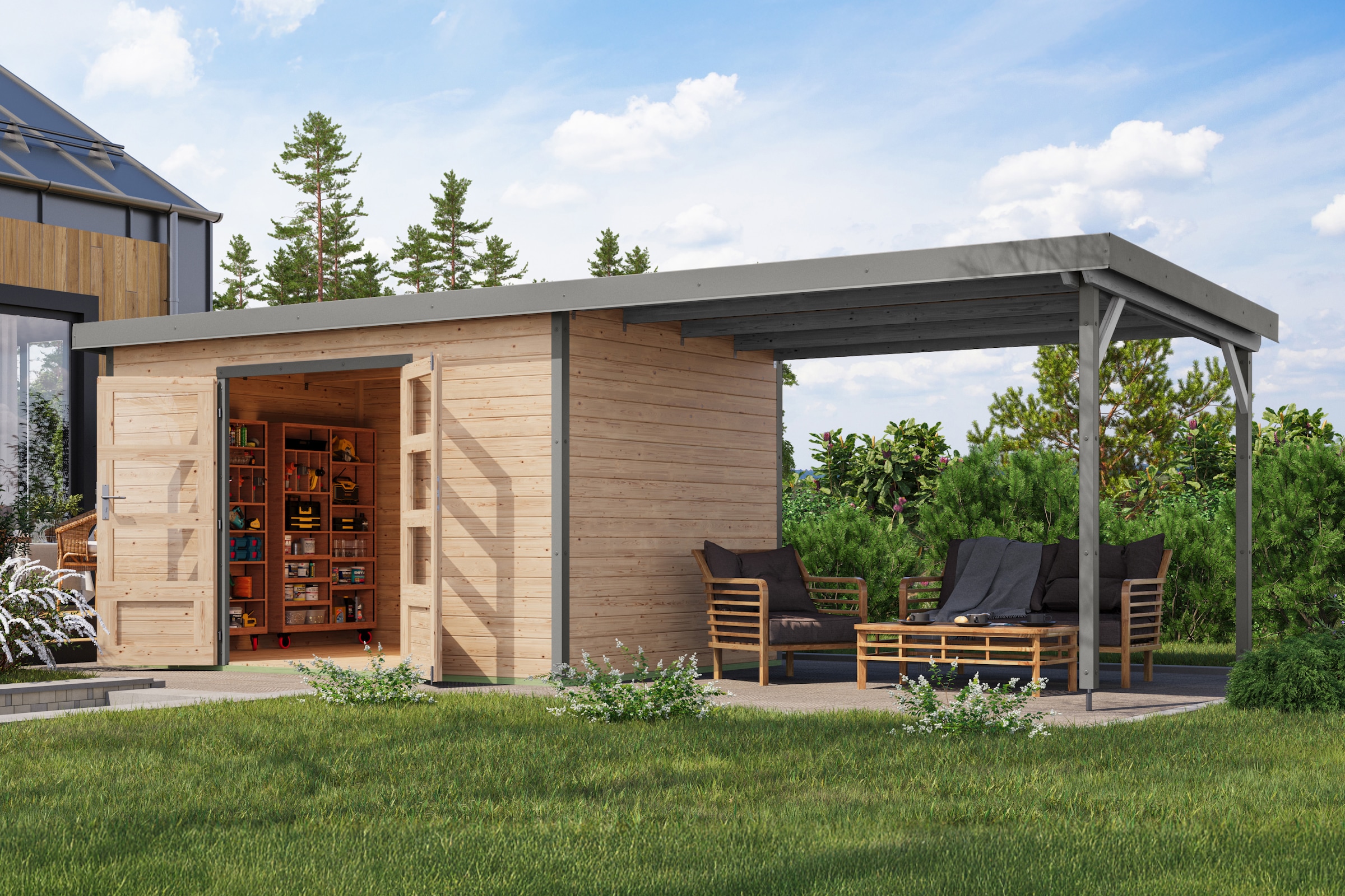 Karibu Gartenhaus »Plutino 7  SET, in verschiedenen Farben« inkl. Anbaudach