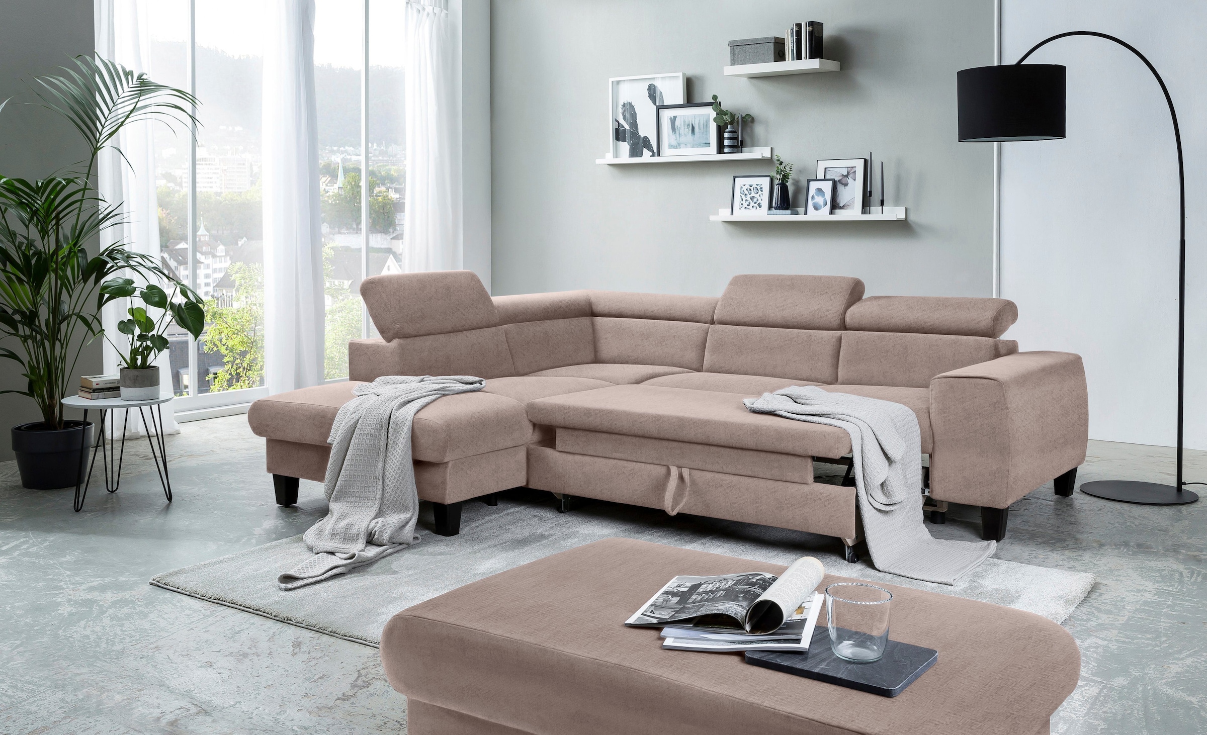 COTTA Polstergarnitur »Morven L-Form«, (Set), Set bestehend aus: Ecksofa mit Kopfteilverstellung & Hocker
