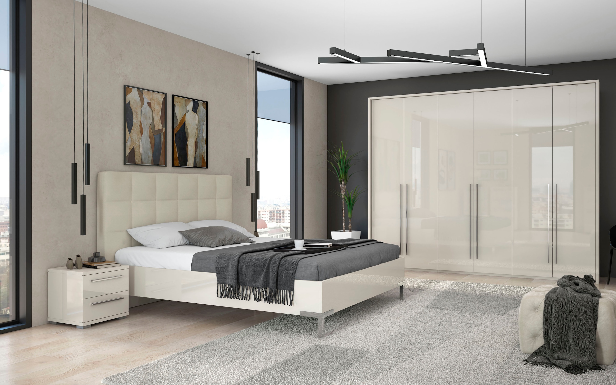Places of Style Kleiderschrank »Piano, inklusive Rahmen und Beleuchtung, soft-close-Funktion«, (viele Breiten zur Auswahl, 226cm hoch), beige oder weiß, UV lackiert, Hochglanzfronten, FSC-zertifiziert