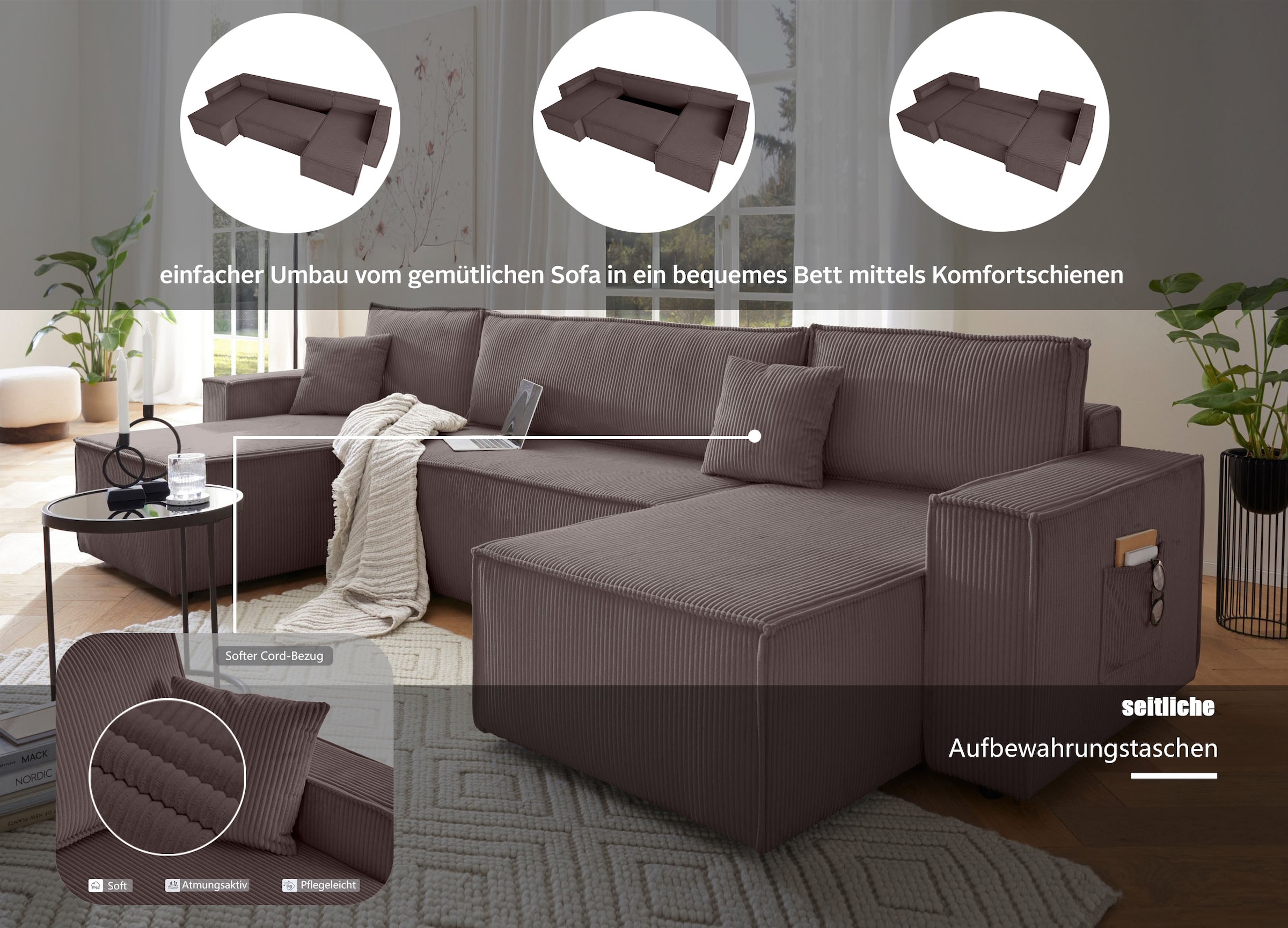 OTTO home Wohnlandschaft »CASSI L-Form, 311cm - OTTO. Verlässliche Qualität.« Schlaffunktion (133/200), Boxspring, Bettkasten, Cord, Unser Tiefpreis