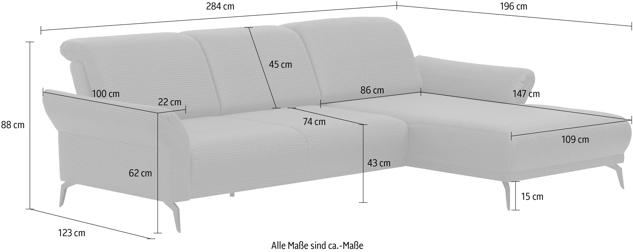 INOSIGN Ecksofa »Coco L-Form«, Sitztiefen-, Arm- und Kopfteilverstellung, Cord-Bezug, Fußhöhe 15 cm