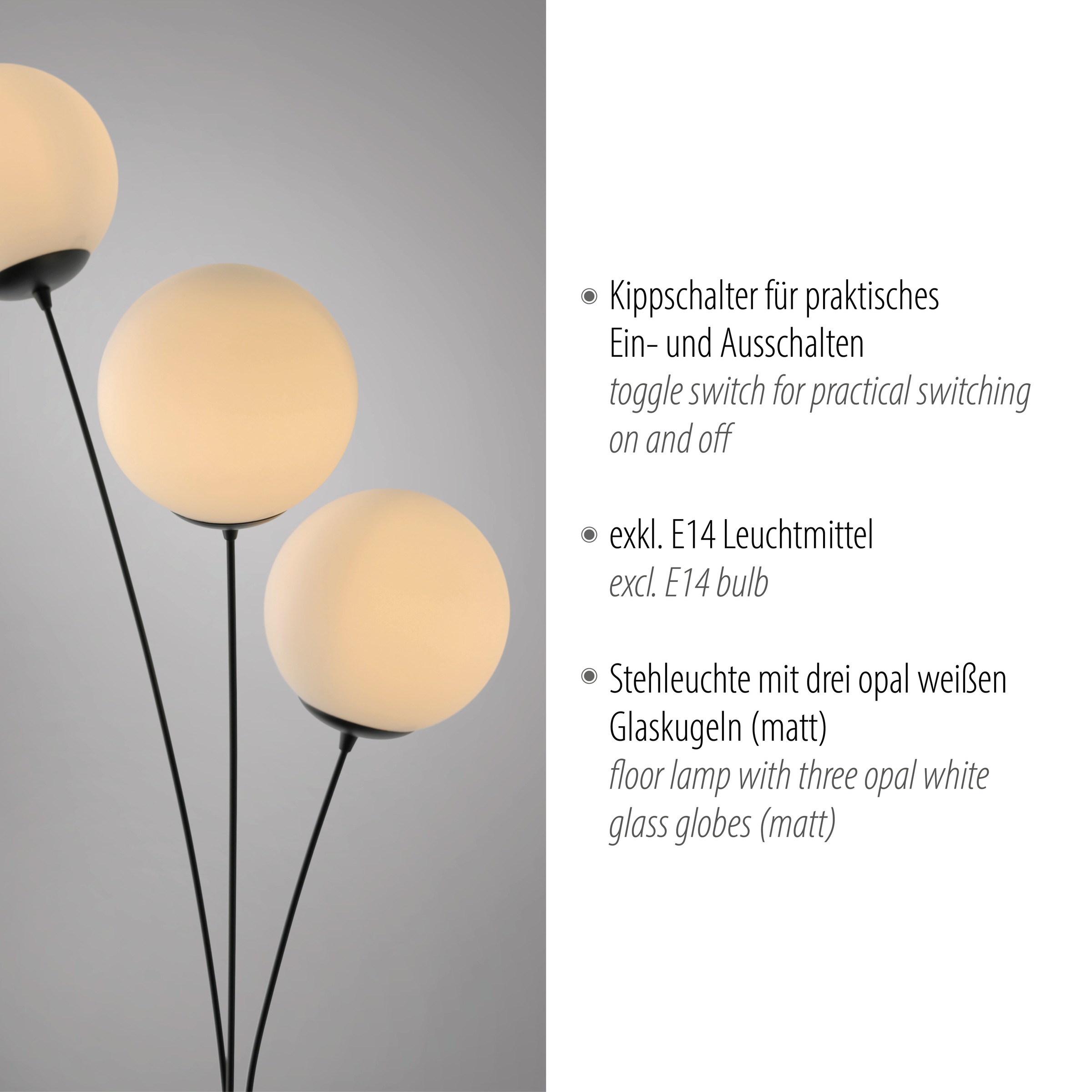 andas Stehlampe »Nymölla«, 3 flammig, Leuchtmittel E14 | ohne Leuchtmittel, Stehleuchte mit großen Glaskugeln amberfarben oder opal matt weiß