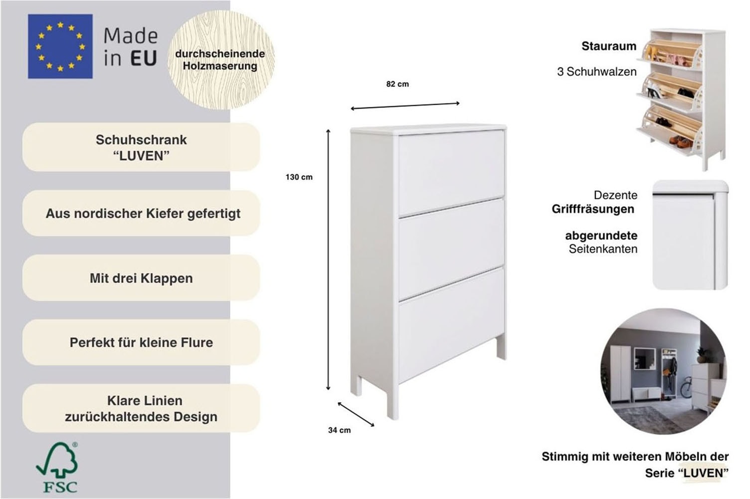 OTTO home Schuhschrank »Luven« FSC® zertifiziertes Massivholz, mit 3 Klappen