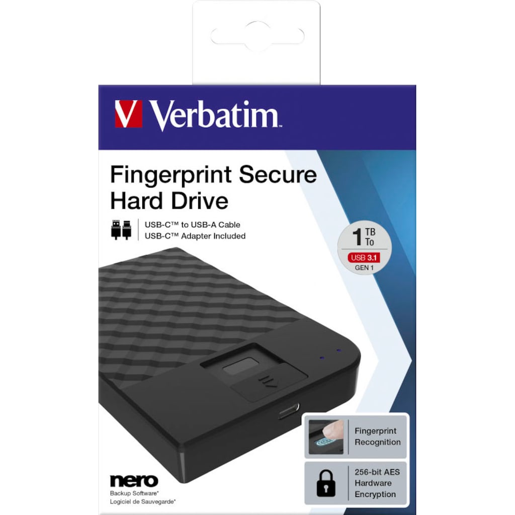 Verbatim externe HDD-Festplatte »Fingerprint Secure«, 2,5 Zoll, Anschluss USB 3.1 Gen-1