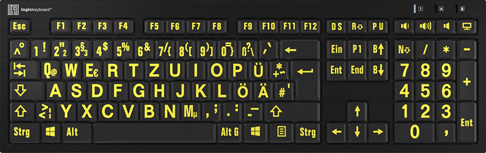 LOGICKEYBOARD Slimline-Tastatur »XL-Print Yellow on Black DE (PC/Nero)« (USB-Hub Ziffernblock) schwarz/gelb Dünne Tastenkappen mit sensibler und...
