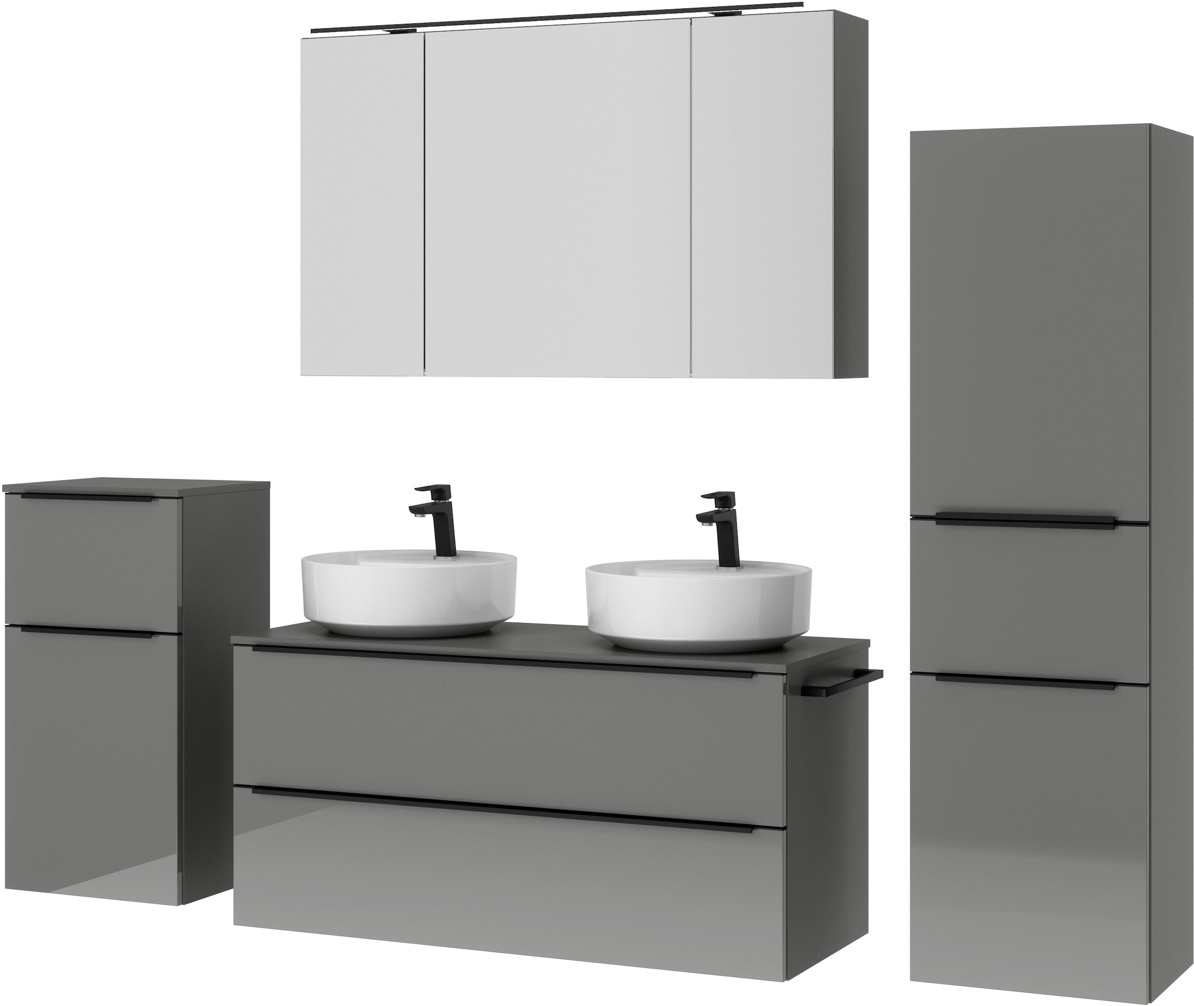 nobilia® Badmöbel-Set »Alvene«, (4 St., vormontiert, mit Soft-Close), inkl. Spiegelschrank mit Beleuchtung und Dimmerfunktion, in 4 Breiten