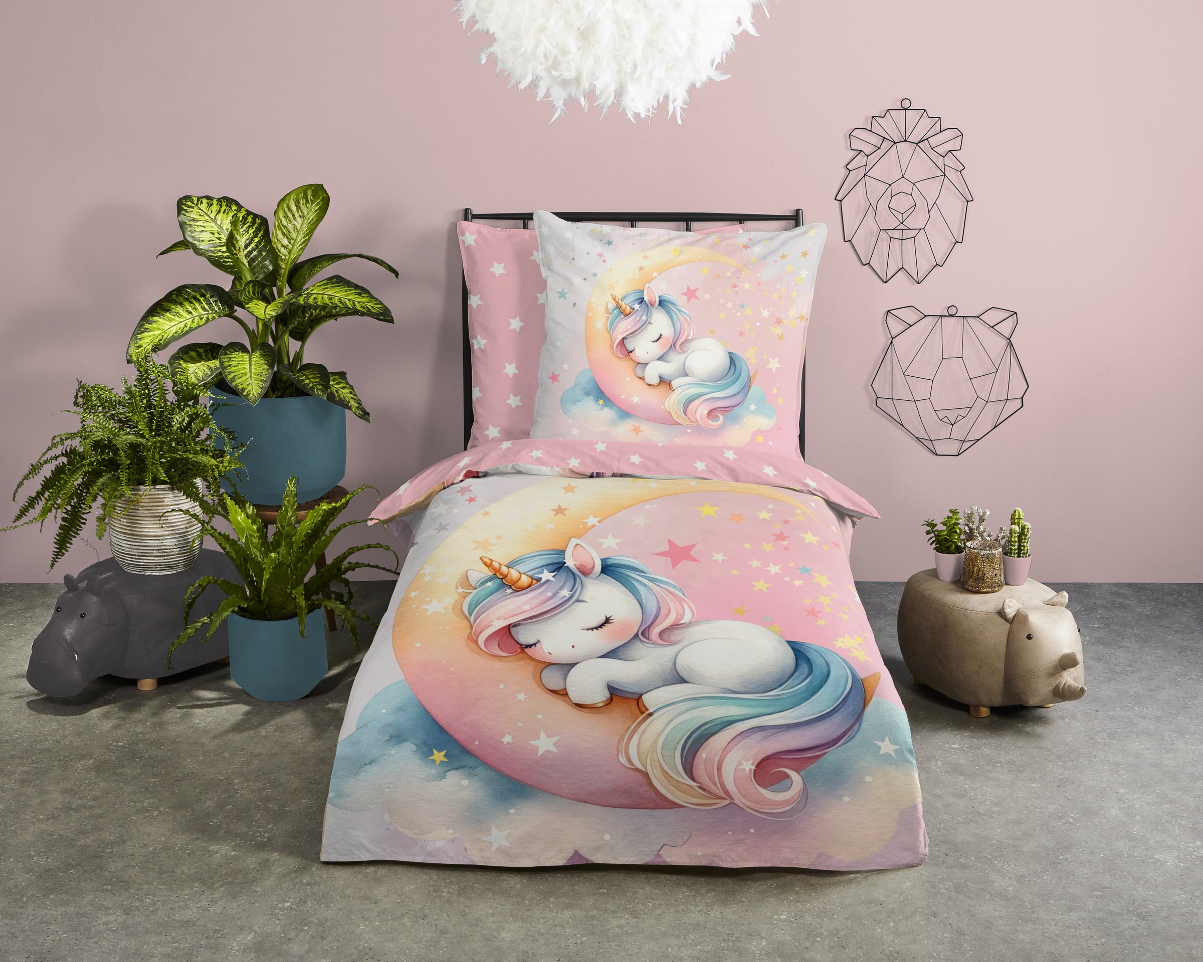 good morning Kinderbettwäsche »Molly«, Baumwolle, Renforcé, Wendeoptik, Kind, Mädchen, Mond, Einhorn