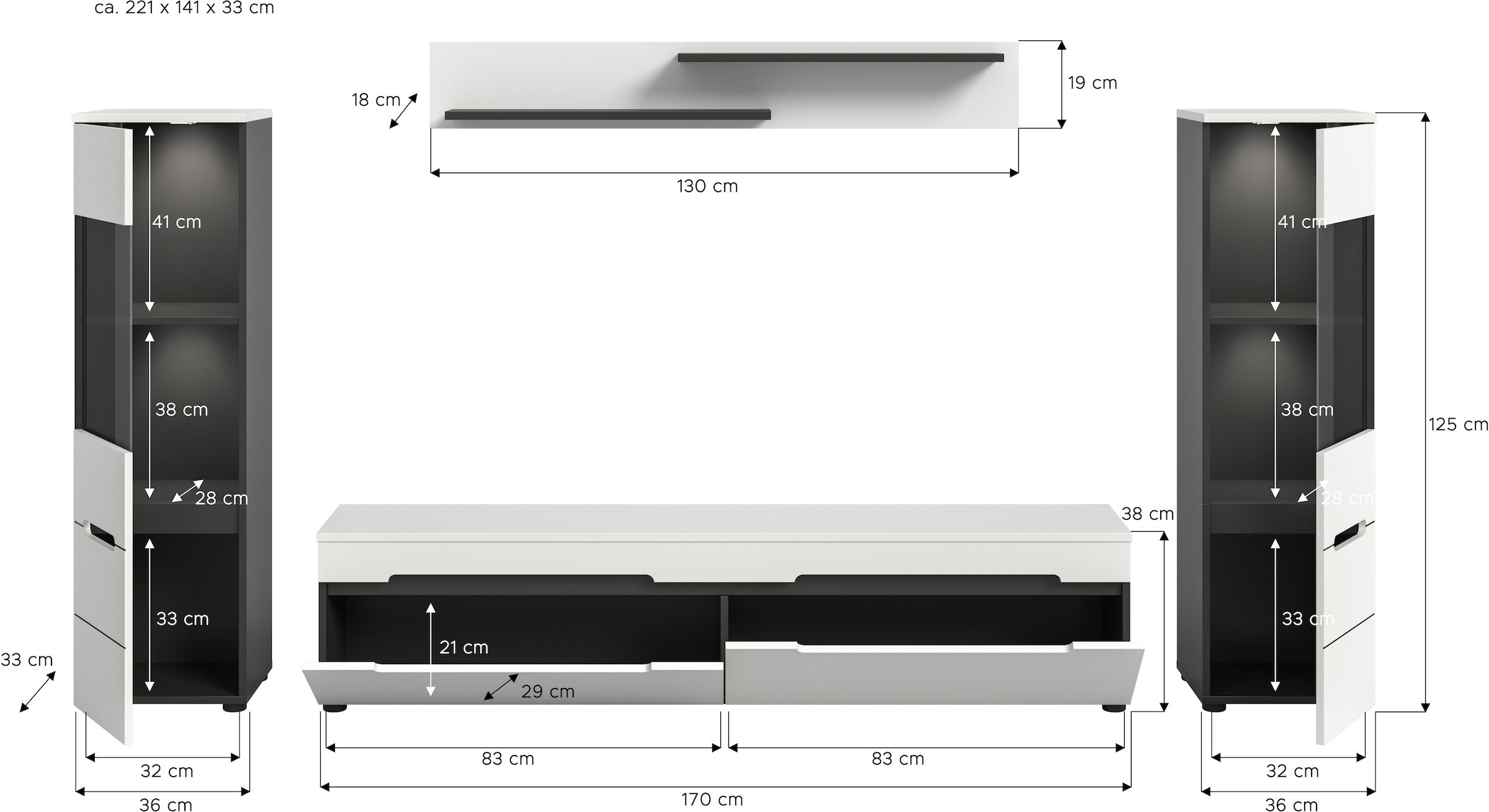 Home affaire Wohnwand »REHAT, TOPSELLER!, 4-teilig, inkl. Beleuchtung, stehend oder hängend« Set bestehend aus: 2x Vitrine inkl. Beleuchtung, Lowboard & Wandboard, 4 Stk. tlg.