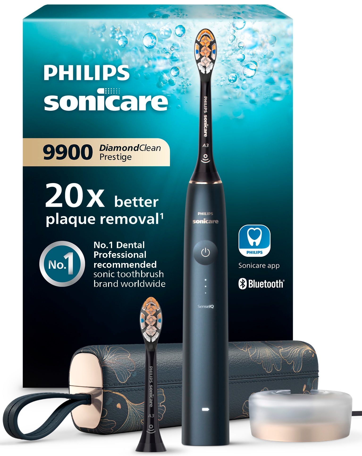 PHILIPS SONICARE Elektrische Zahnbürste »DiamondClean Prestige 9900 HX9992« 2 Stk. Aufsteckbürsten mit integriertem Drucksensor, 5 Putzprogramme,...