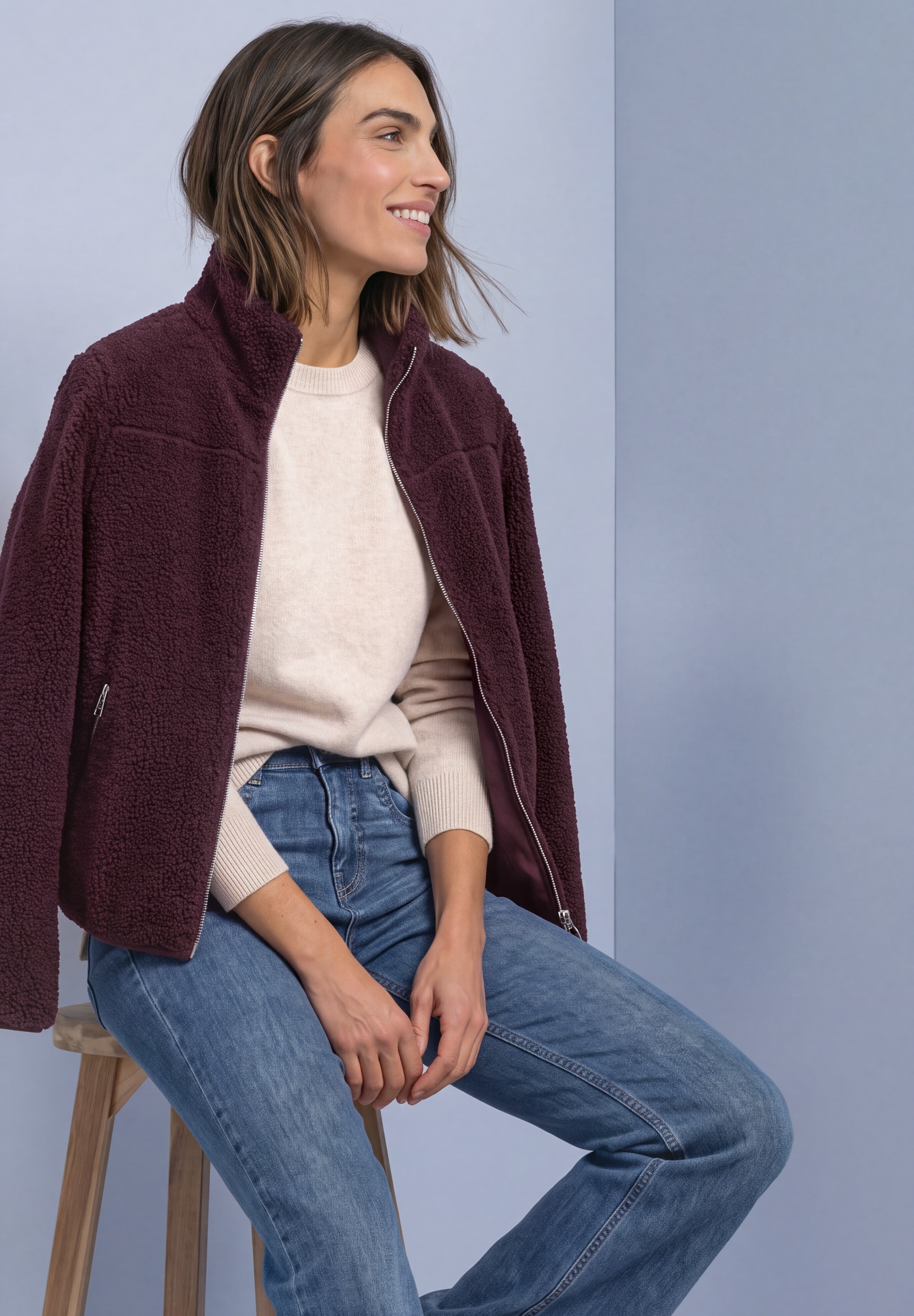 STREET ONE Fleecejacke ohne Kapuze Teddy-Jacke mit Stehkragen und Zipper