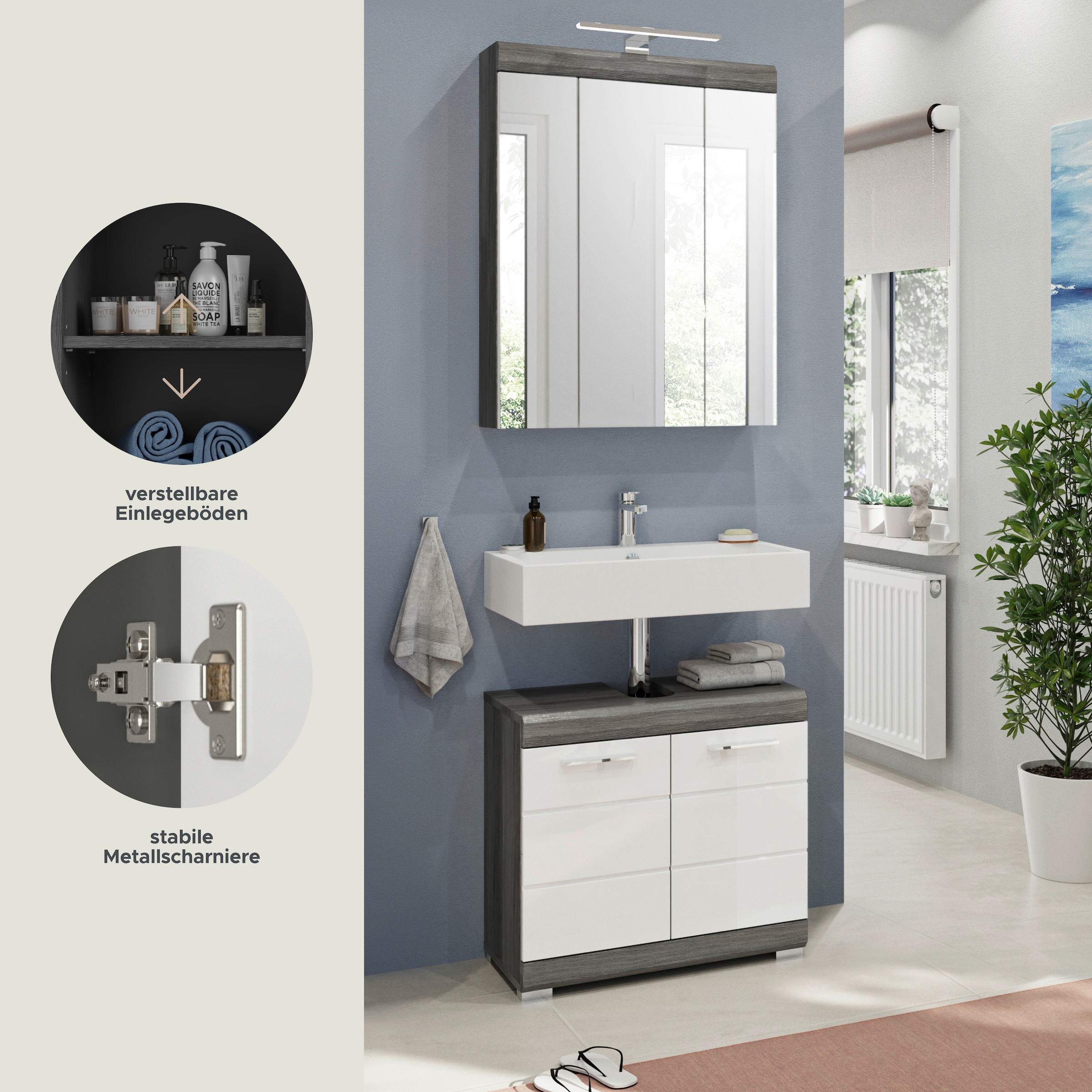 INOSIGN Badmöbel-Set »Siena, 2 teilig, inklusive LED Beleuchtung, bestehend aus:«, (Set, 2 St.), Waschbeckenunterschrank, Spiegelschrank, LED Badaufsatzleuchte