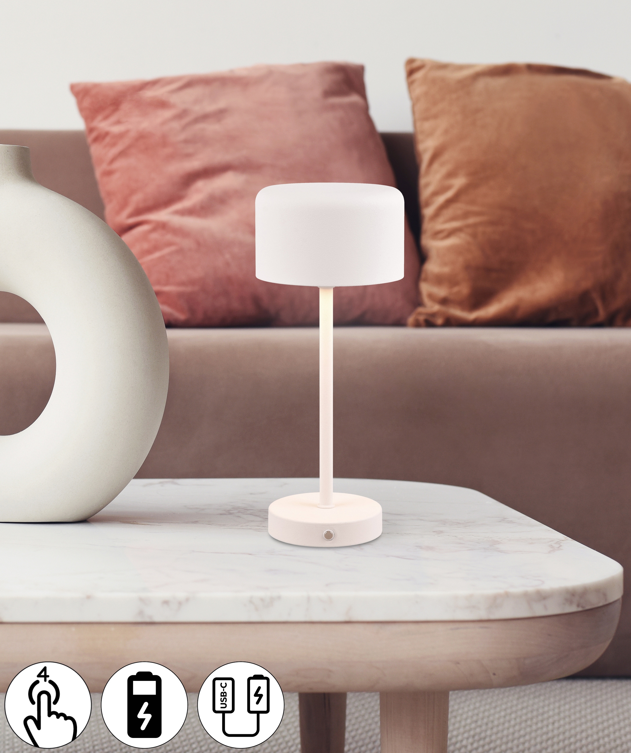 Leonique LED Tischleuchte »Kadira«, 1 flammig, Leuchtmittel LED-Board | LED fest integriert, Akku Tischlampe mit USB-C Anschluss, Touchdimmer 4 Stufen, Höhe 30cm