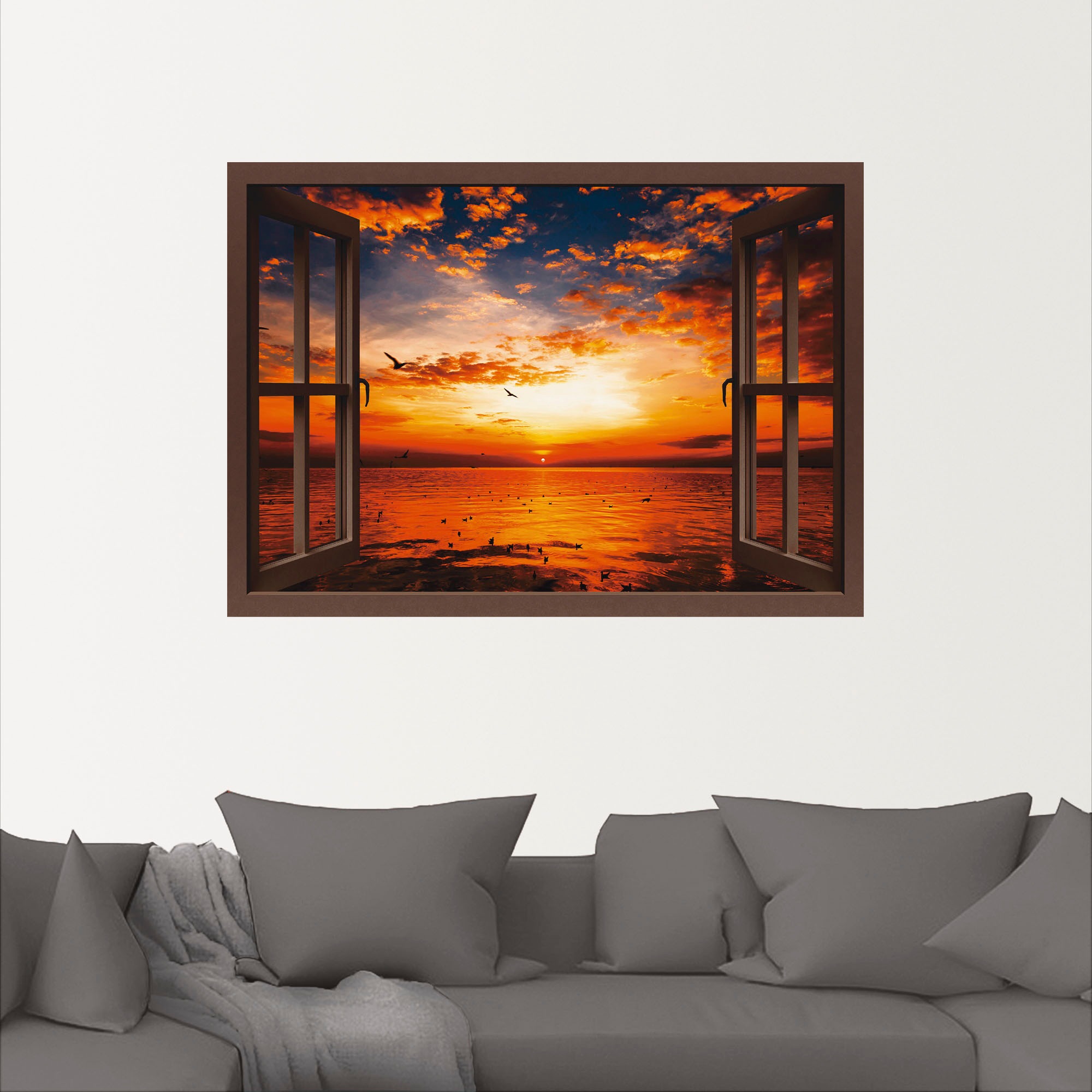 Artland Wandbild »Fensterblick Sonnenuntergang am Strand«, Fensterblick, (1 St.), als Leinwandbild, Poster, Wandaufkleber in verschied. Größen