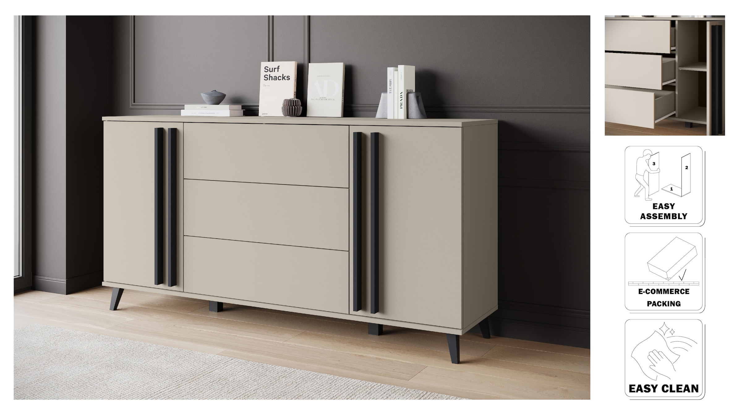 INOSIGN Sideboard »Helsinki, Kommode mit 2 Türen und 3 Schubladen, Breite 150 cm«, (1 St.), Push-to-Open-Schubladen, höhenverstellbare Einlegeböden