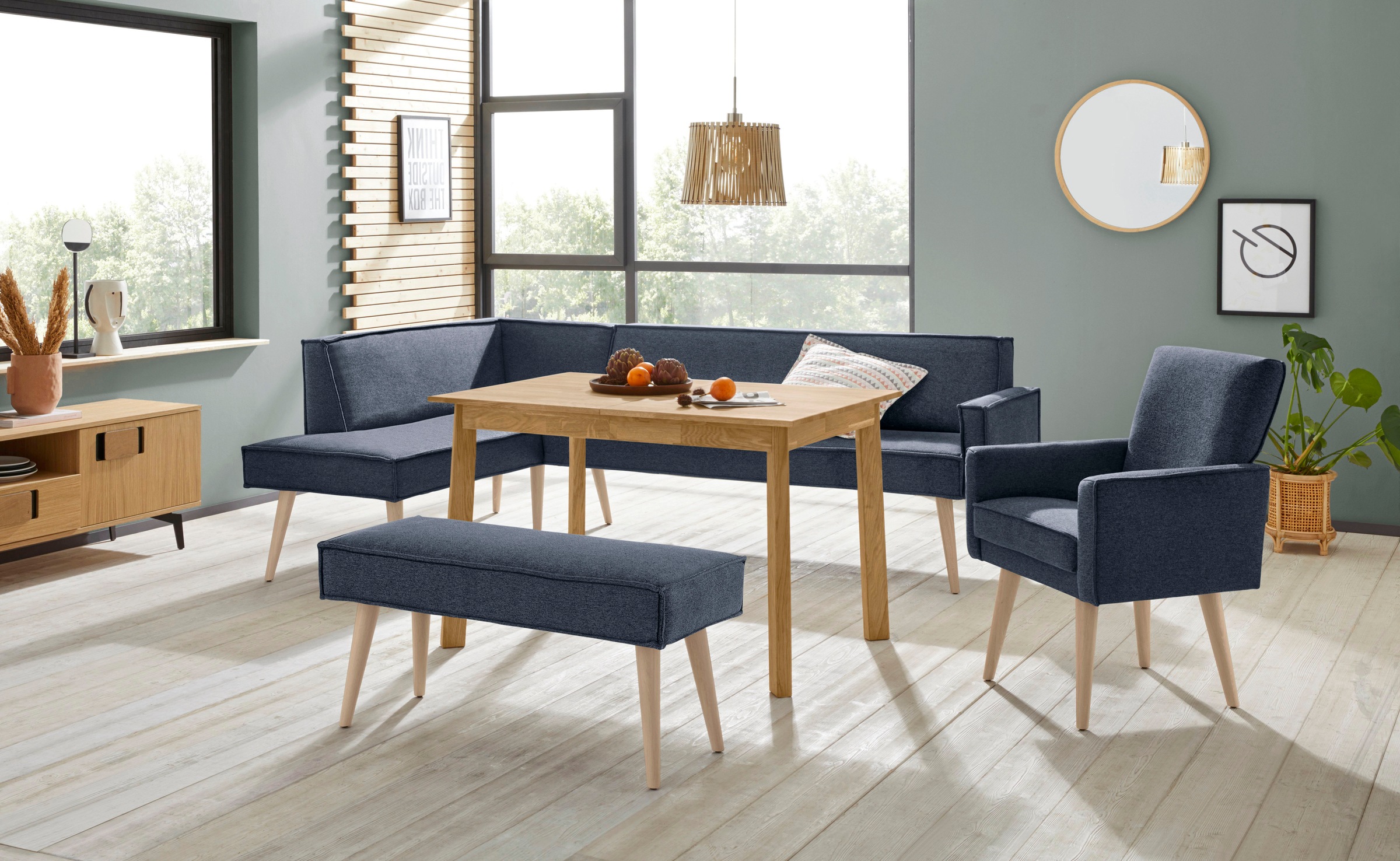 exxpo - sofa fashion Eckbank »Lungo, moderne Kedernaht, bequem und elegant, hoher Holzfuß«, hochwertige Detailverarbeitung, frei im Raum stellbar